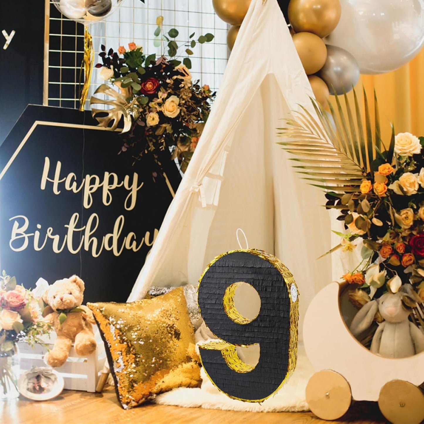 PCFING 20 Inch Number 9 Piñata Gold Black with 30 Inch Piñata Stick Blindfold Confetti for Man Women Boys Girls Birthday Party Decorations, Anniversary Celebration, Fiesta