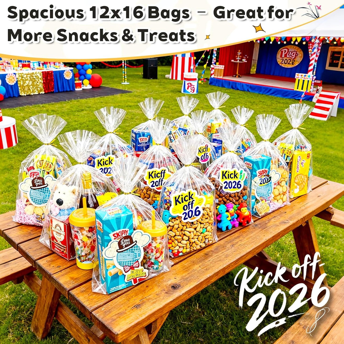 PigPotParty 12"x 16", 100Pcs Bottom Gusset Bags, Clear Plastic Cellophane Mug Treat Goodie Gift Bags with 100x Twist Ties, Large Party Favor Packaging, Toy Wrapping (No Side Gusset)