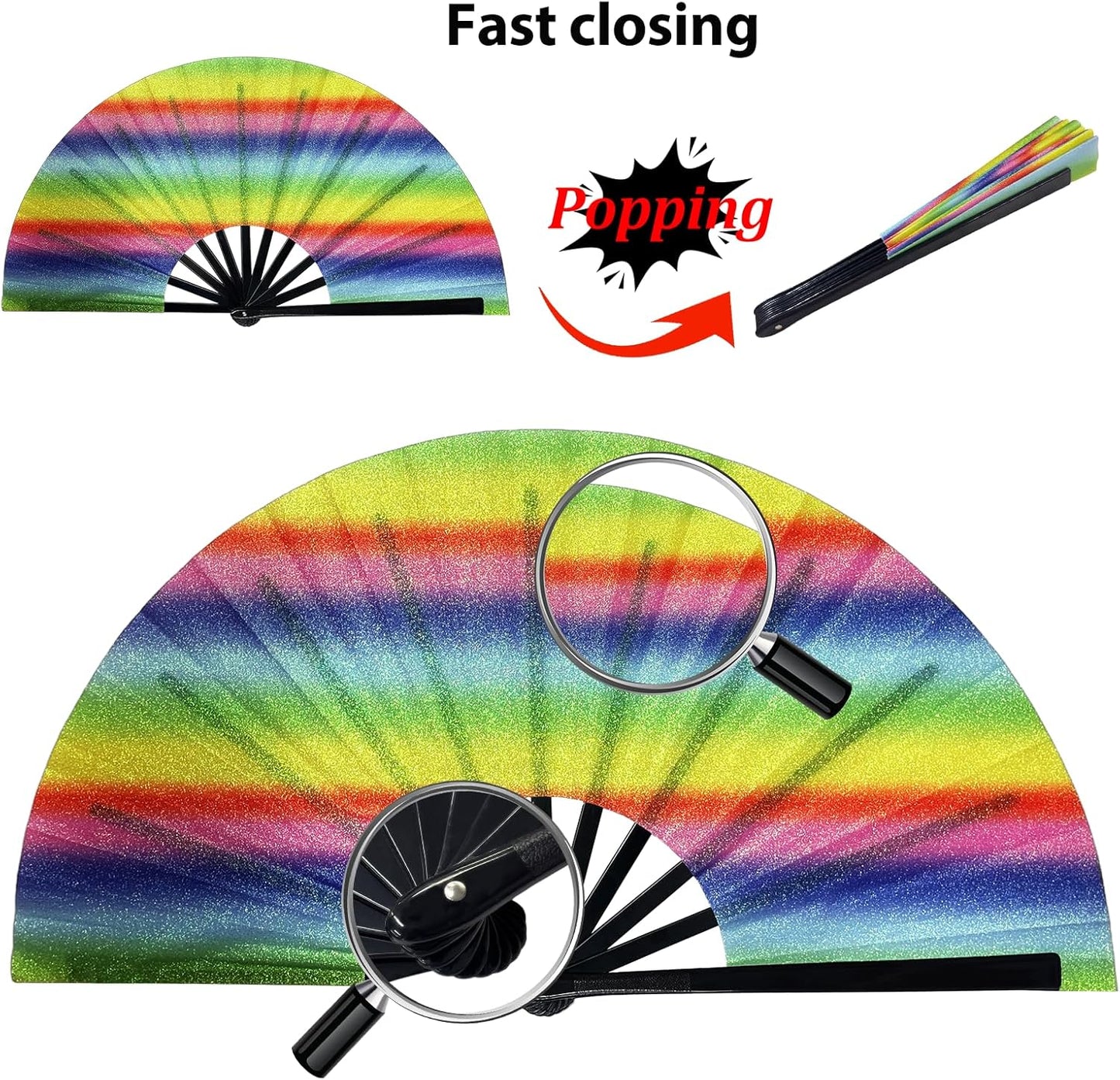 13'' Large Glitter Rave Fan Folding Hand Fans for Men Women Line Dancing Portable Handheld Clack Fan for Festival EDM Party Music Outfit Accessories