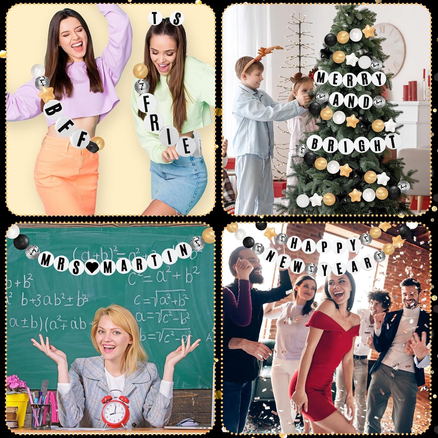 Giant Friendship Bracelet Garland Kit, DIY Birthday Banner with Letters Ball Jumbo Customizable Friendship Bracelet Decor for Halloween Christmas Wedding Party(Black, Gold, White)