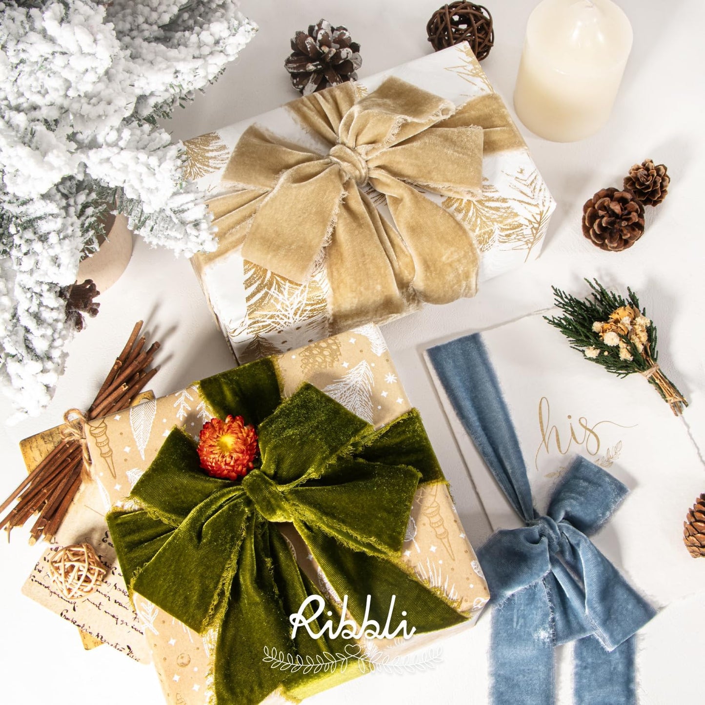 Ribbli Light Champagne Velvet Ribbon 1.5 Inch Handmade Frayed Christmas Ribbon for Gift Wrapping Christmas Tree Ornament Wreath Craft Home Decor -Total 3 Yards with Wooden Spool