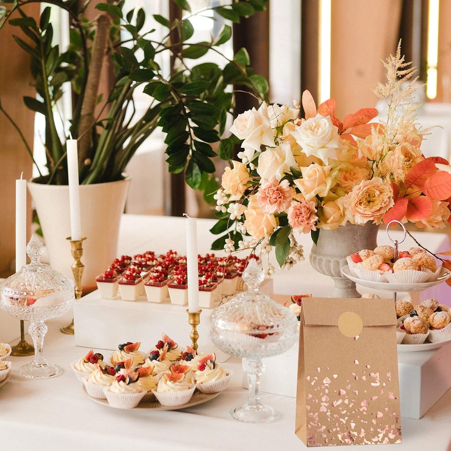 Cooraby 30 Pieces Kraft Paper Bronzing Rose Gold Bags with 48 Stickers Candy Gift Paper Bags for Wedding, Birthday, Tea Party, Gift, and Party Celebrations