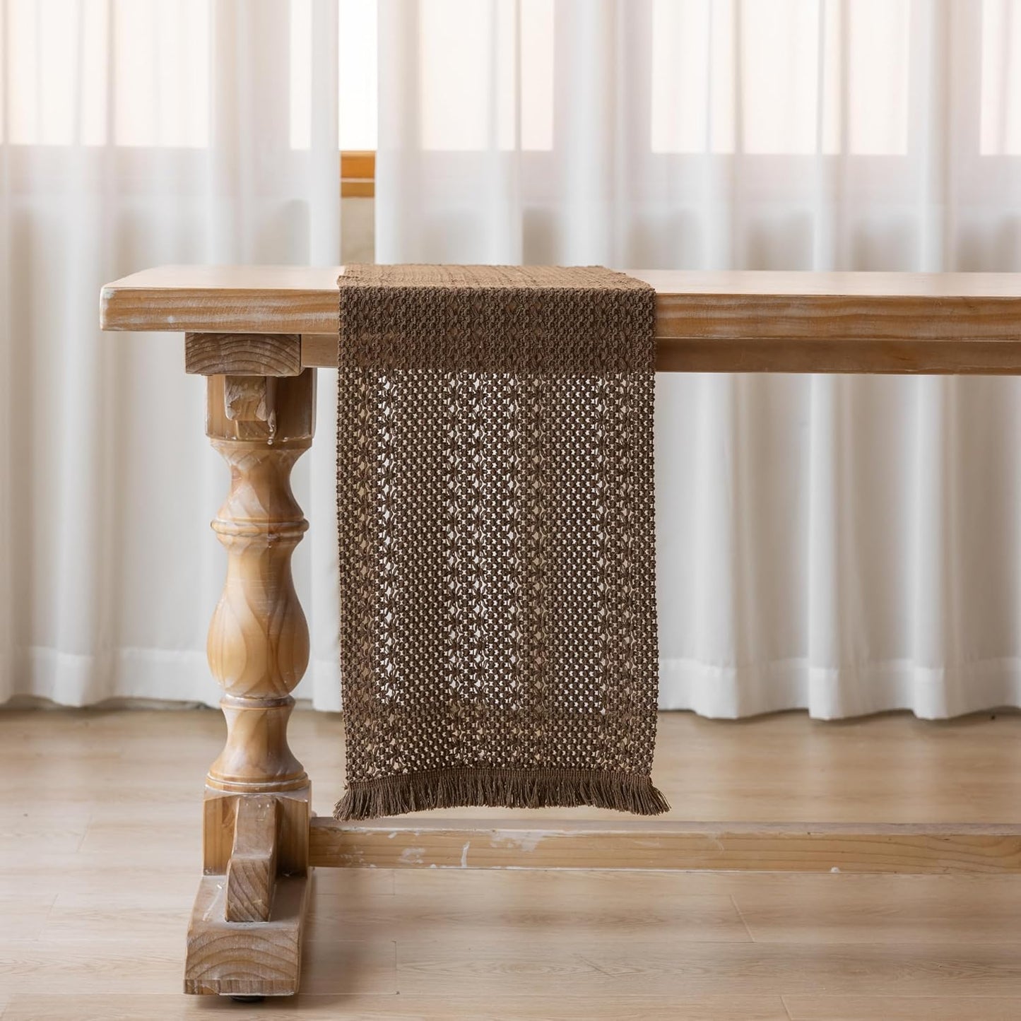 Boho Brown Table Runner for Home Decor 12x90 Inches Farmhouse Macrame Burlap Jute Rustic Dining Kitchen Centerpiece Bohemian Decor French Country Baby Bridal Shower Decorations