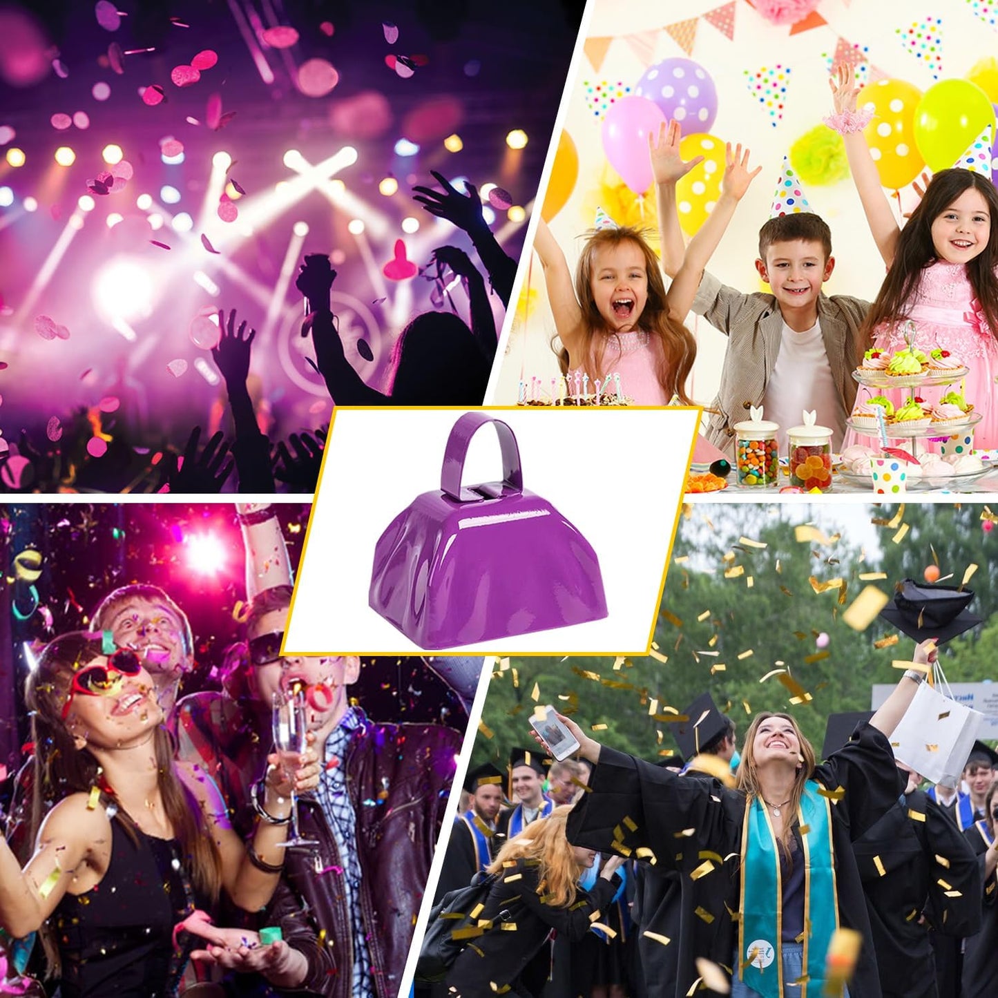 Metal Cow Bell Noise Maker - 3 Inch Pack of 4 - Small Loud Metal Cowbell Noisemaker with Handle - Great for Football Games, Sporting Events, Weddings, New Year's Eve, Birthday Parties