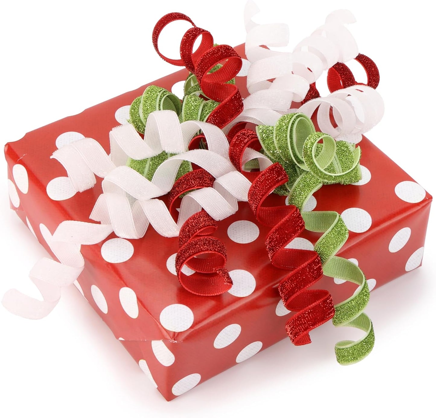 6" Metallic Glitter Red and Lime Green Self Adhesive Curly Ribbon Gift Wrap Bows for Christmas, Holiday, Birthday, Wedding, Presents, Party Favors Decorations 6-Count