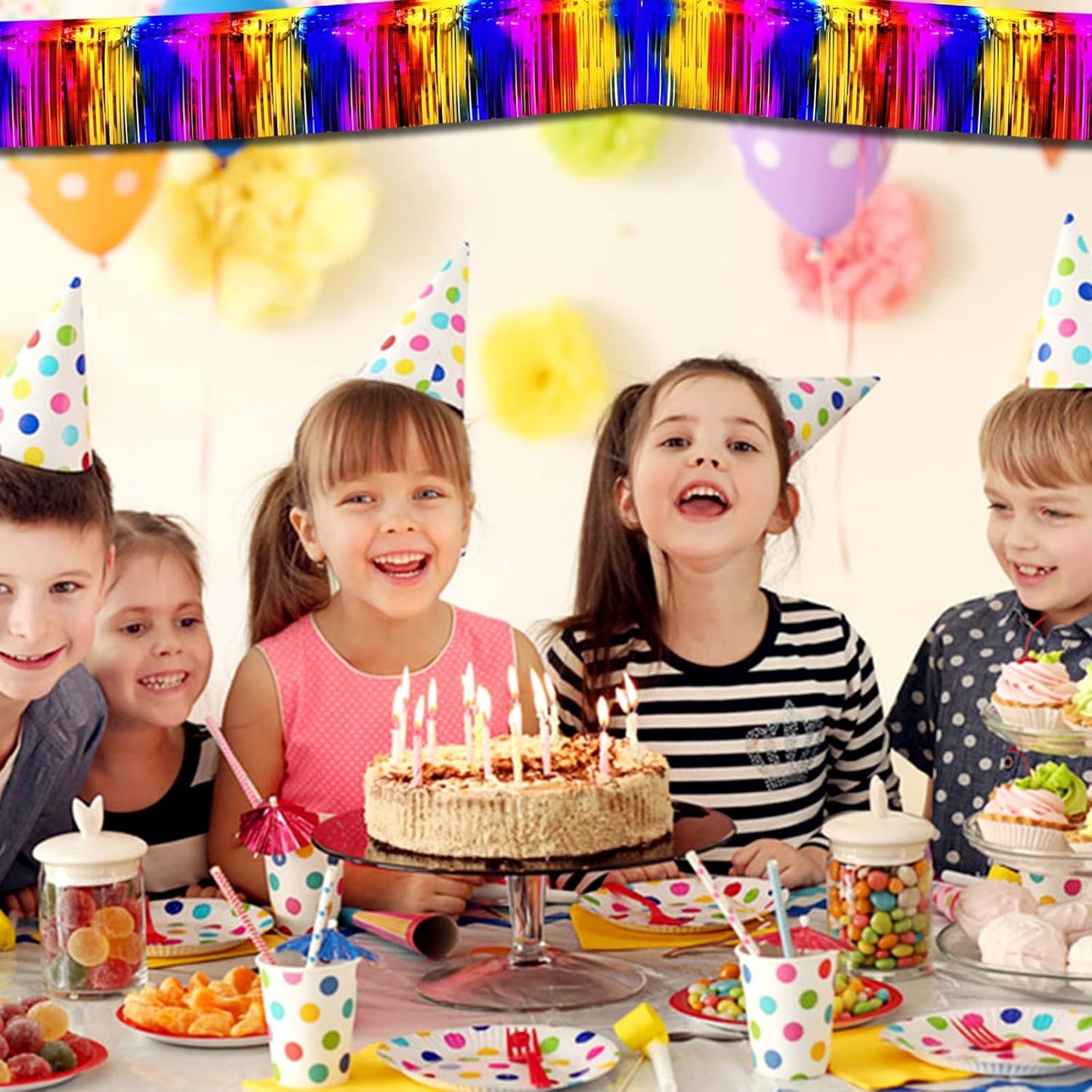 6 Pack 10 Feet Foil Fringe Garland Metallic Tinsel Streamers Banner Wall Hanging Curtain Backdrop Banner for Parade Floats, Thanksgiving, Christmas, Birthday, Halloween Party Decorations(Rainbow)