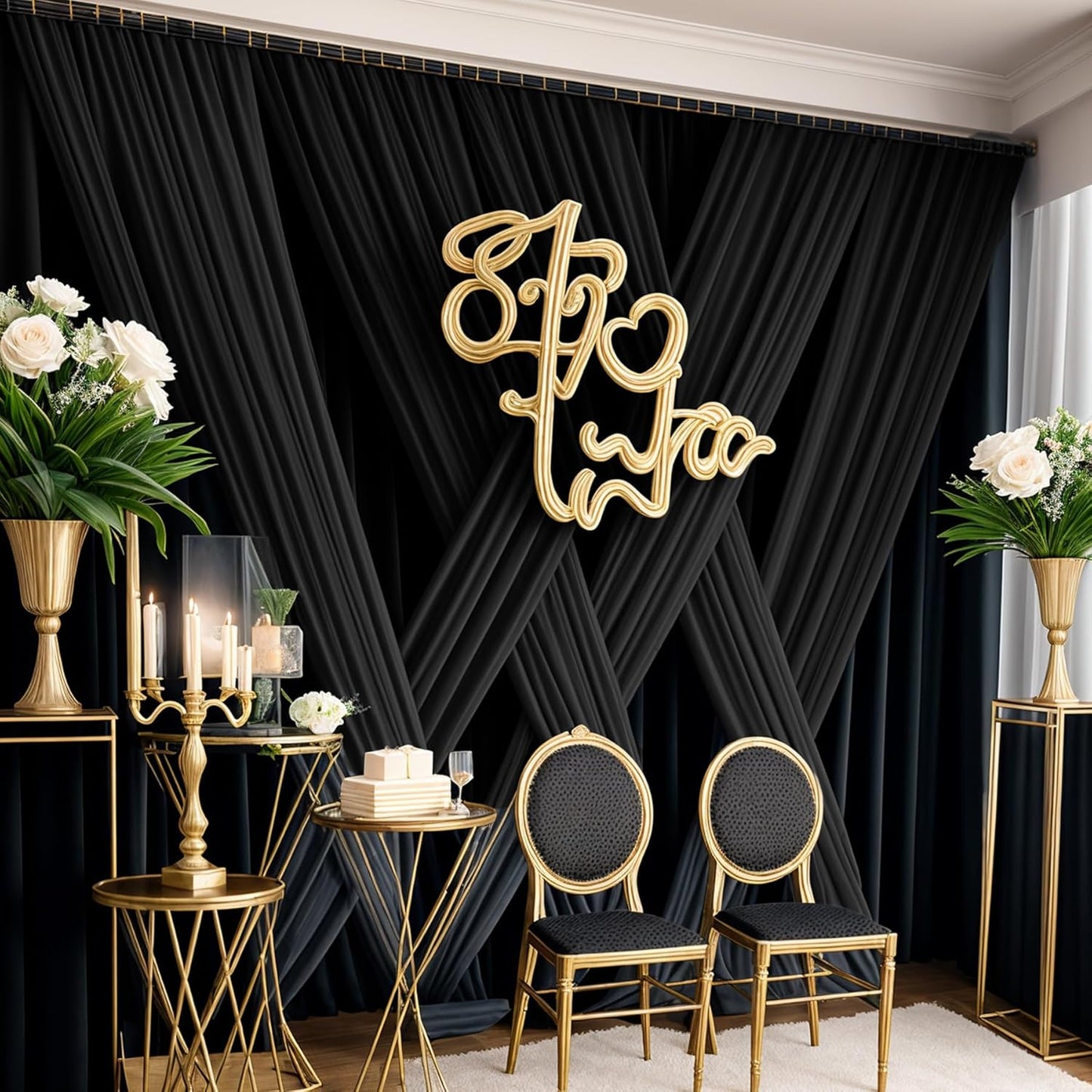 50x12ft Wrinkle Free Black Backdrop Curtain for Wedding Parties,10 Panels 5×12 ft Long Soft Silky Polyester Fabric Backdrop Drapes Black Photo Back Drop Curtains for Party Photography Background Cloth