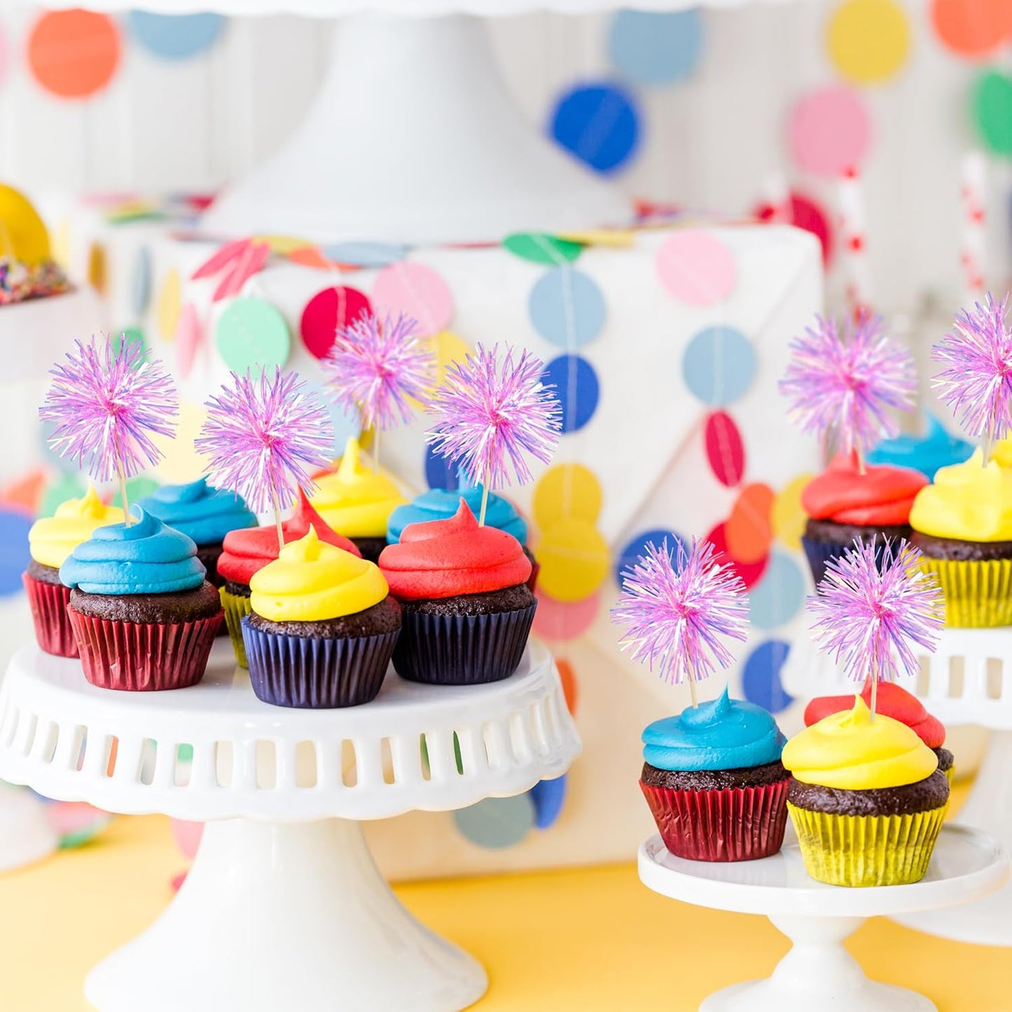 Gyufise 30Pcs Foil Firework Cupcake Toppers Sparkle Tinsel Cake Toppers Tinsel Drink Cake Decoration Cocktail Picks for Birthday Wedding Graduation Party Supplies Laser Rose Red