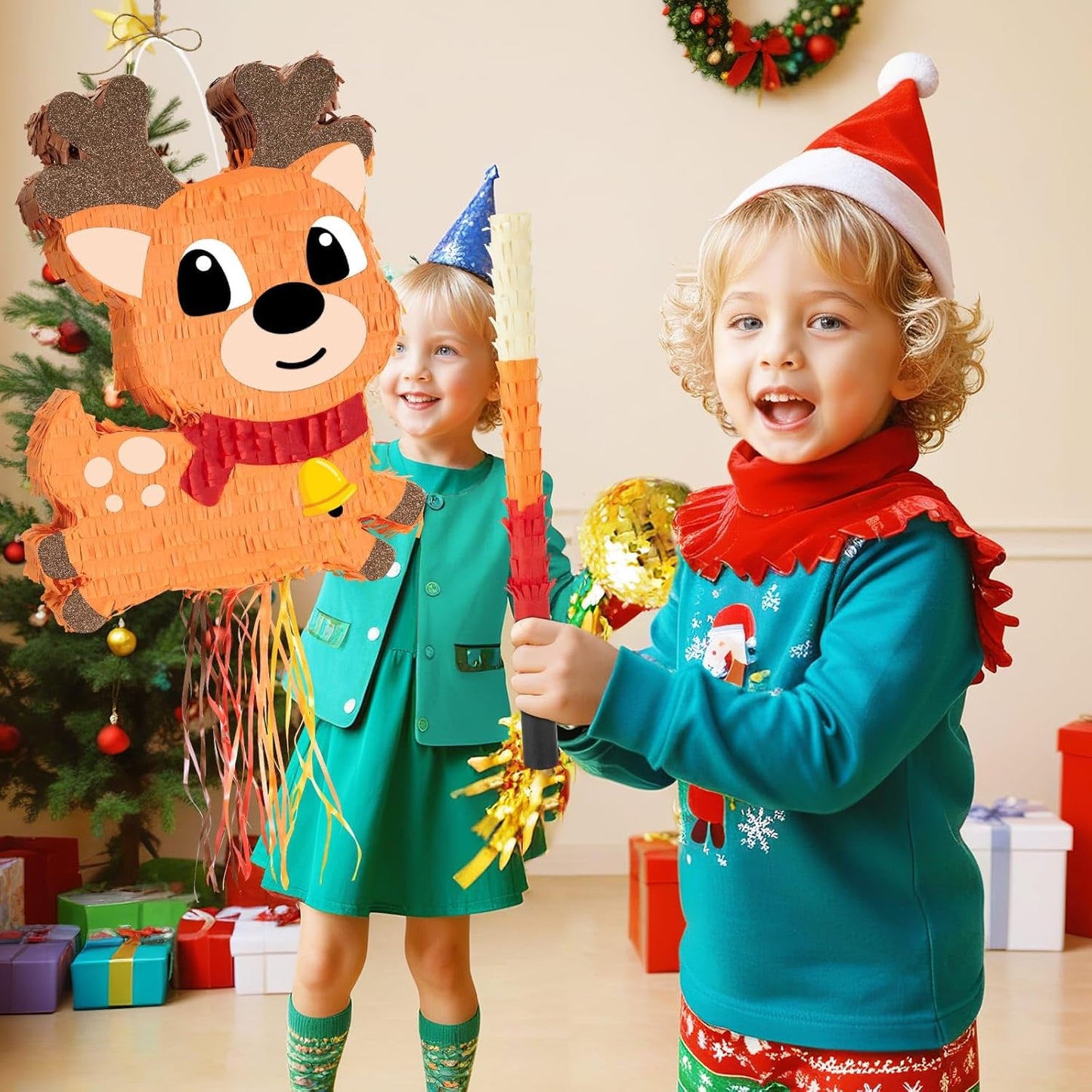 WERNNSAI Christmas Reindeer Pinata - Christmas Elk Decorations Xmas Reindeer Party Games for Kids Merry Xmas Decorations Indoor Outdoor Festival Carnival Party Supply Xmas Pinata with Blindfold Bat