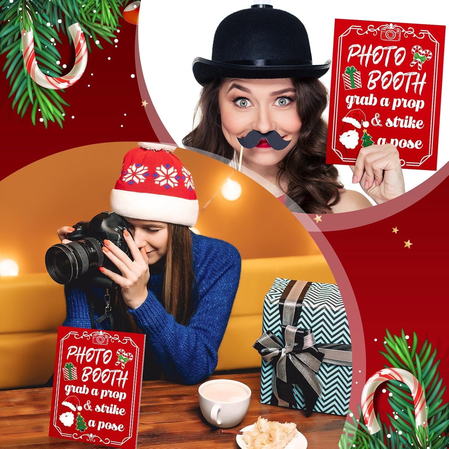 Photo Booth Sign with Stand Retro Background Table for Christmas Indoor and Outdoor Party Theme Event Photography Props Desktop Decoration Supplies