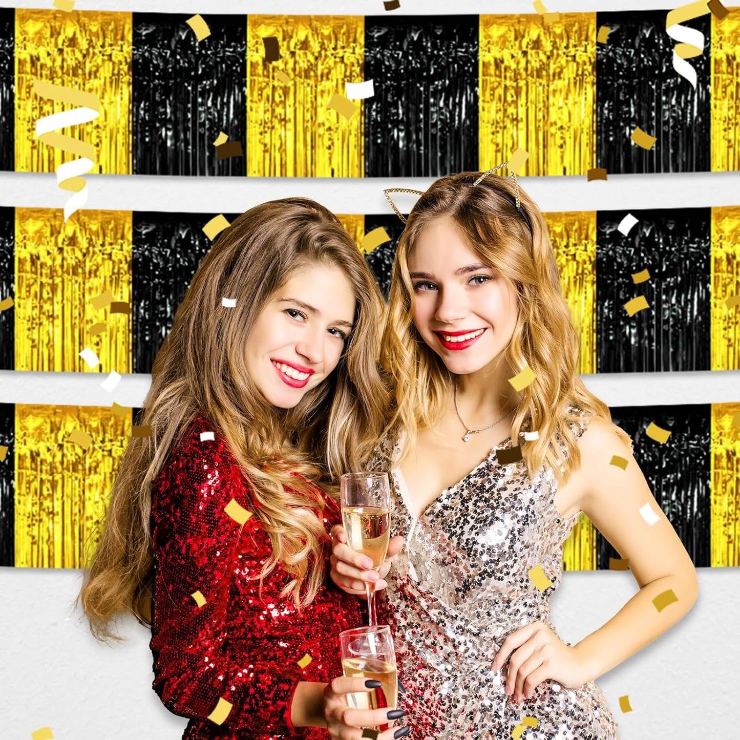 4 Pack 10 Feet Black Gold Foil Fringe Garland Metallic Tinsel Streamers Banner Wall Hanging Curtain Backdrop for Parade Floats, Wedding, Graduate, Mother's Day, Birthday Party Decoration