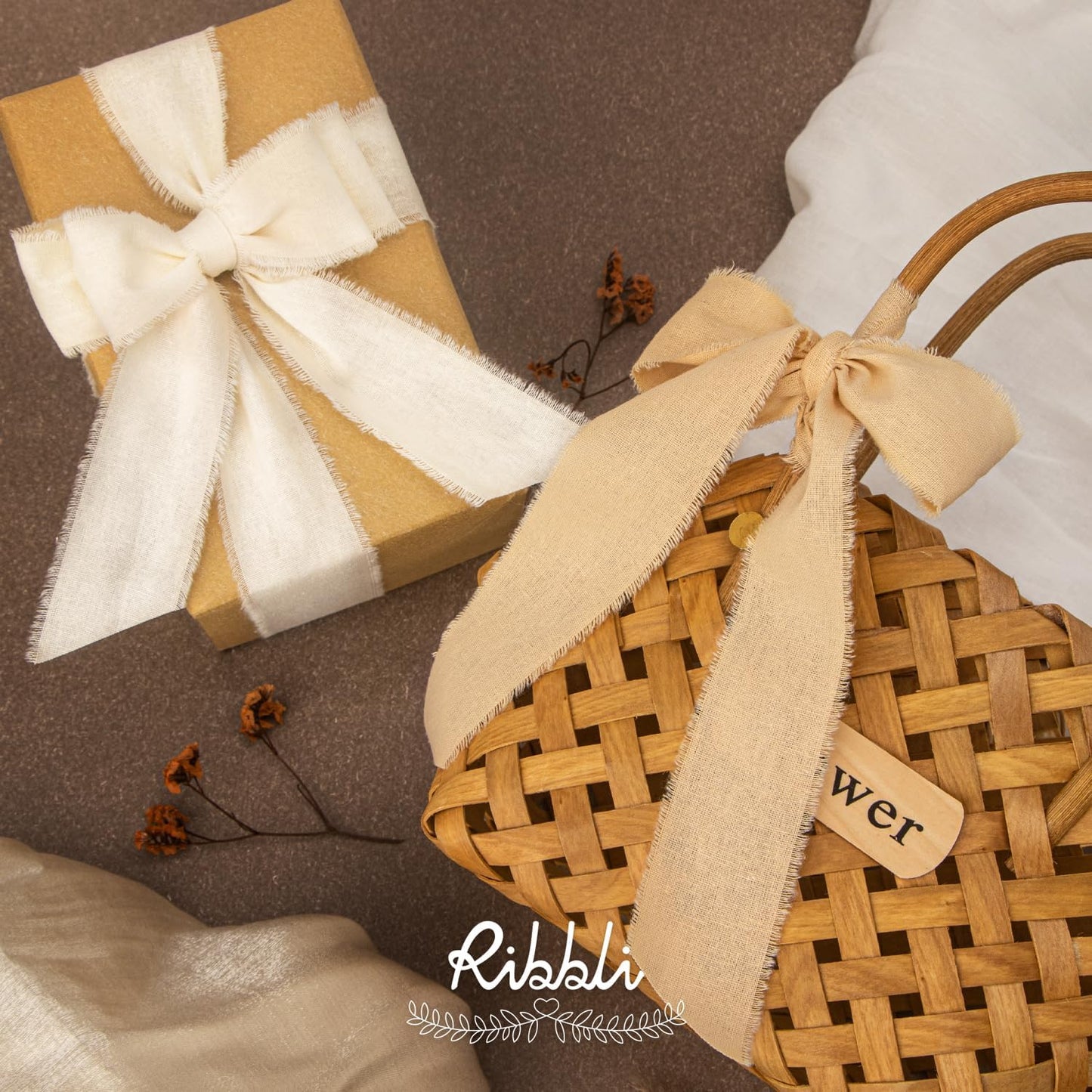 Ribbli 3 Rolls Beige Ribbon 1.5 Inch x 18Yards Ivory Nude Khaki Handmade Cotton Frayed Fringe Ribbons for Gift Wrapping Wedding Invites Bridal Bouquets Baby Shower DIY Crafts Home Decor