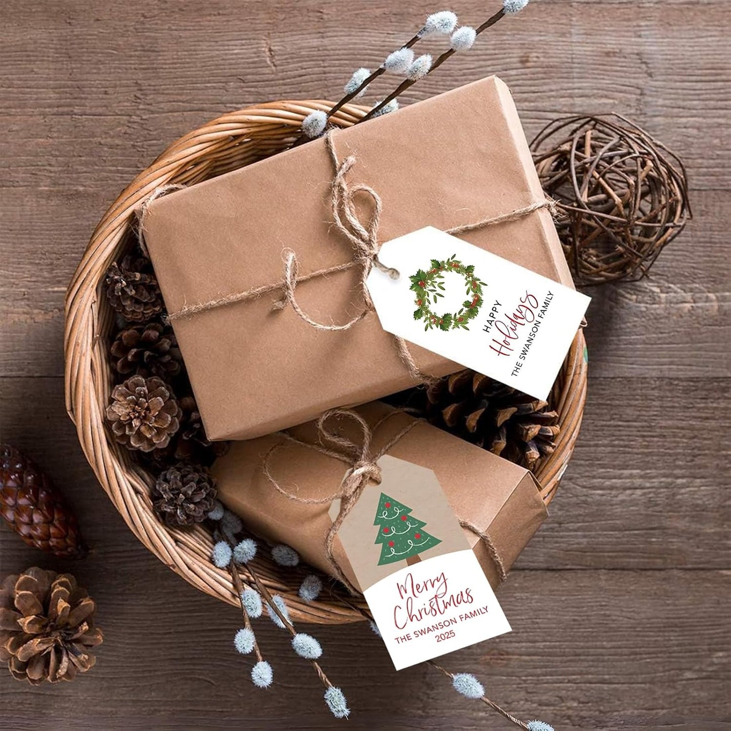 50pcs Custom Merry Christmas Gift Tags Personalized with Your Family Name and Year, Unique Santa Christmas Tree Design Hangtag Party Decorations (Rectangle Tag)