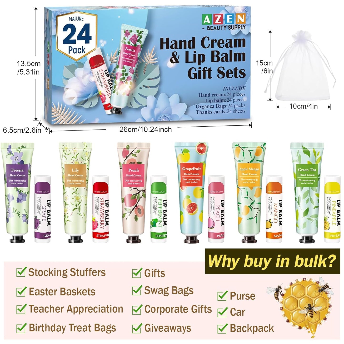 AZEN 24 Sets Bulk Gifts, Hand Cream and Lip Balm Bulk Set with Organza Bag Thank You Card, Baby Shower Wedding Gifts for Guests, Bridal Wedding Favors for Guests, Thank You Gifts for Women