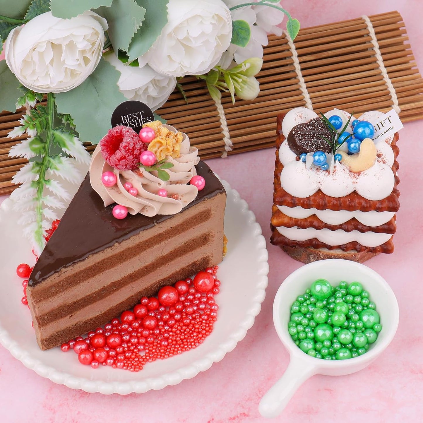 Green Pearl Sprinkles for Cake Decorating, 11.3 Oz Edible Pearls Sugar 4 Sizes Gift Box Set for Baking Cookie Ice Cream Cupcake Toppings