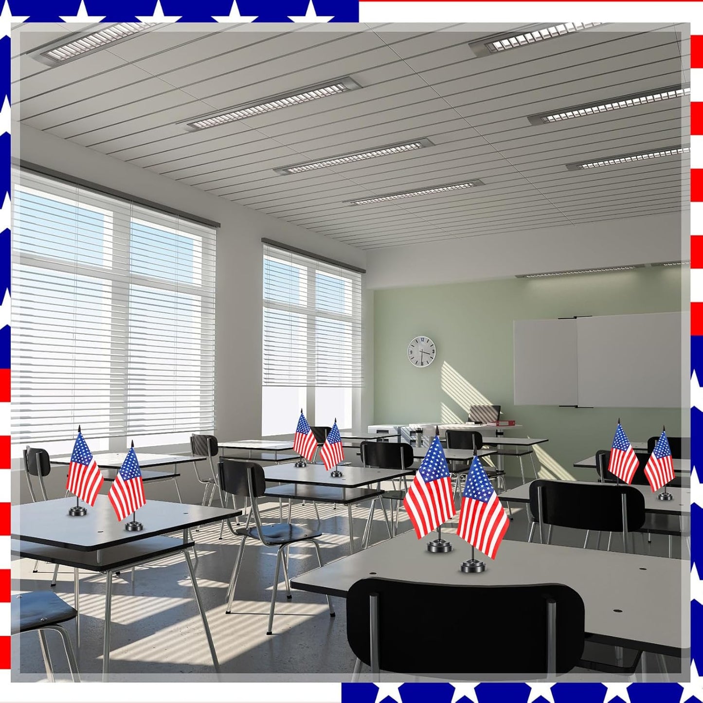 24 Pcs American Desk Flag Set Small USA Flags for Table with 13" Black Pole, Black Base and Spear Top, American Flag for Home Office Party Festival Celebrations Decor