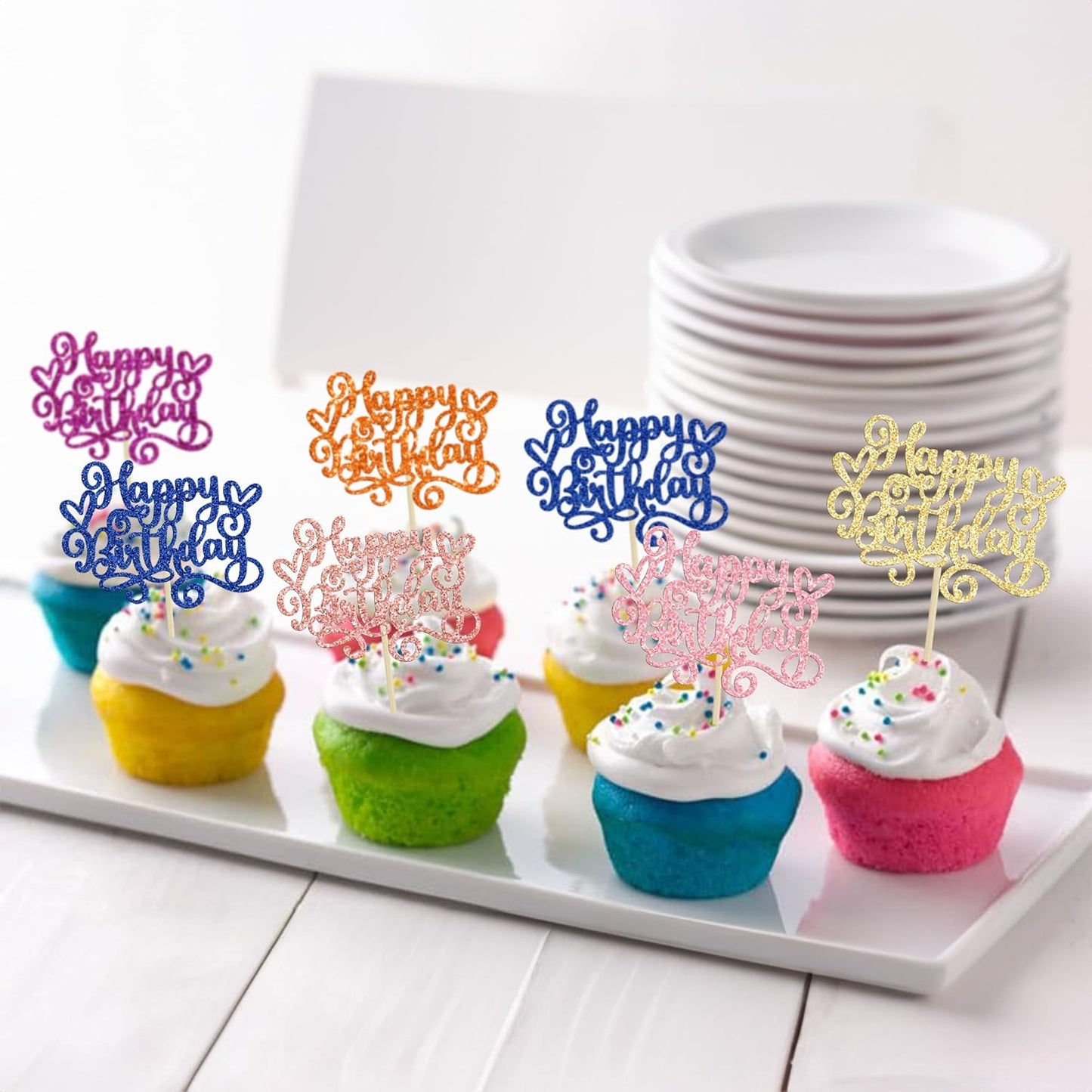 Gyufise 24Pcs Happy Birthday Cupcake Toppers Glitter Happy Birthday Cupcake Picks for Celebrating Happy Birthday Anniversary Theme Party Cake Decorations Supplies Orange Pink Blue