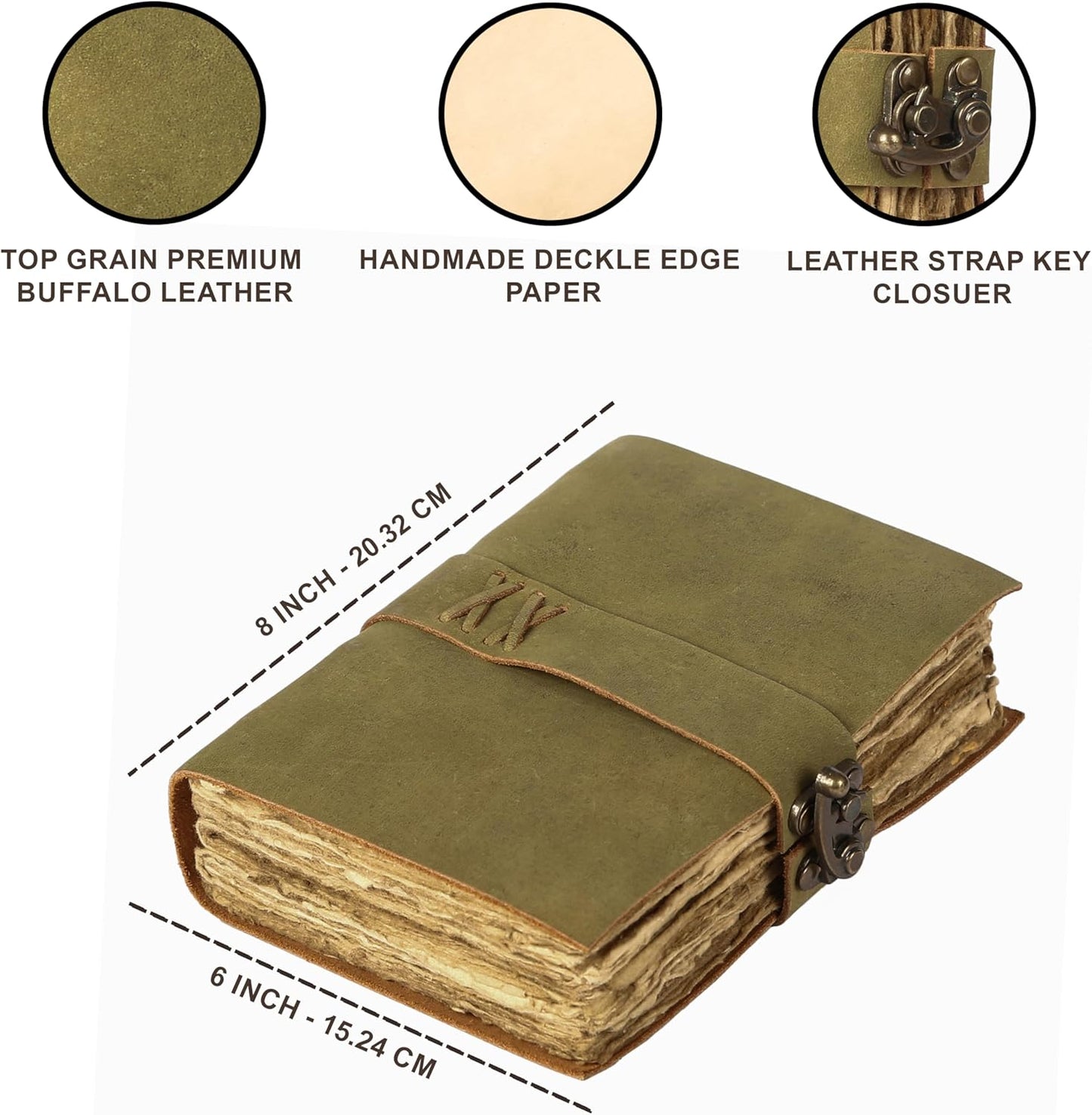Vintage Leather Journal Handmade Buffalo Non-Refillable Deckle Edge Paper – Leather Bound Journal for Women Men Vintage C-Lock Closure Ideal for Writing & Travel for Artists (Green)