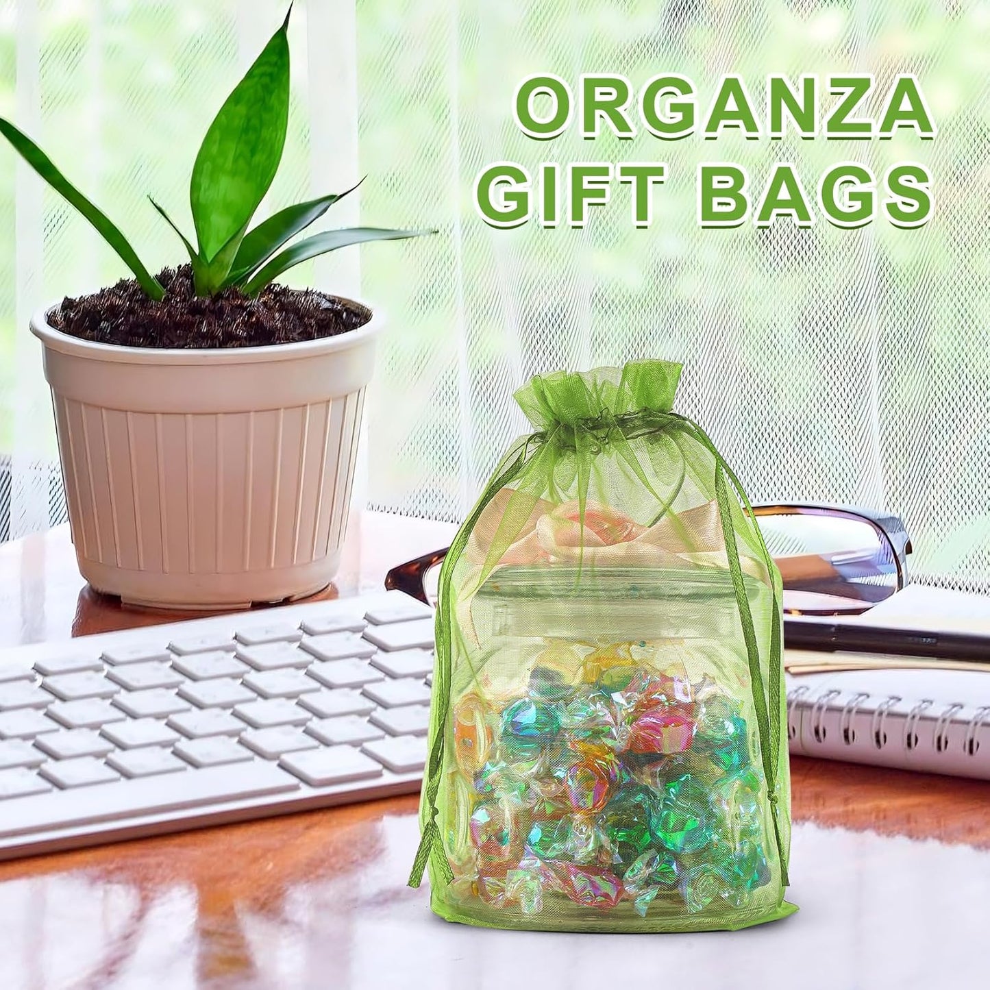 ANZNKU 50 Pack Green Organza Bags 6x9 inches Mesh Bags Drawstring, Gift Pouch for Party Wedding Christmas Candy Favor, Sheer Organza Gift Bag