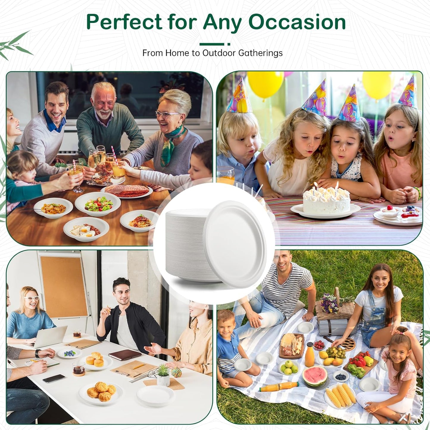 ๐ ๐๐ง๐๐ก, ๐๐๐-๐๐๐๐ค Compostable Paper Plates, Heavy-Duty Biodegradable Disposable Dish Made from Bagasse, Perfeck for Snacks, Desserts, Party, Wedding and More (White)