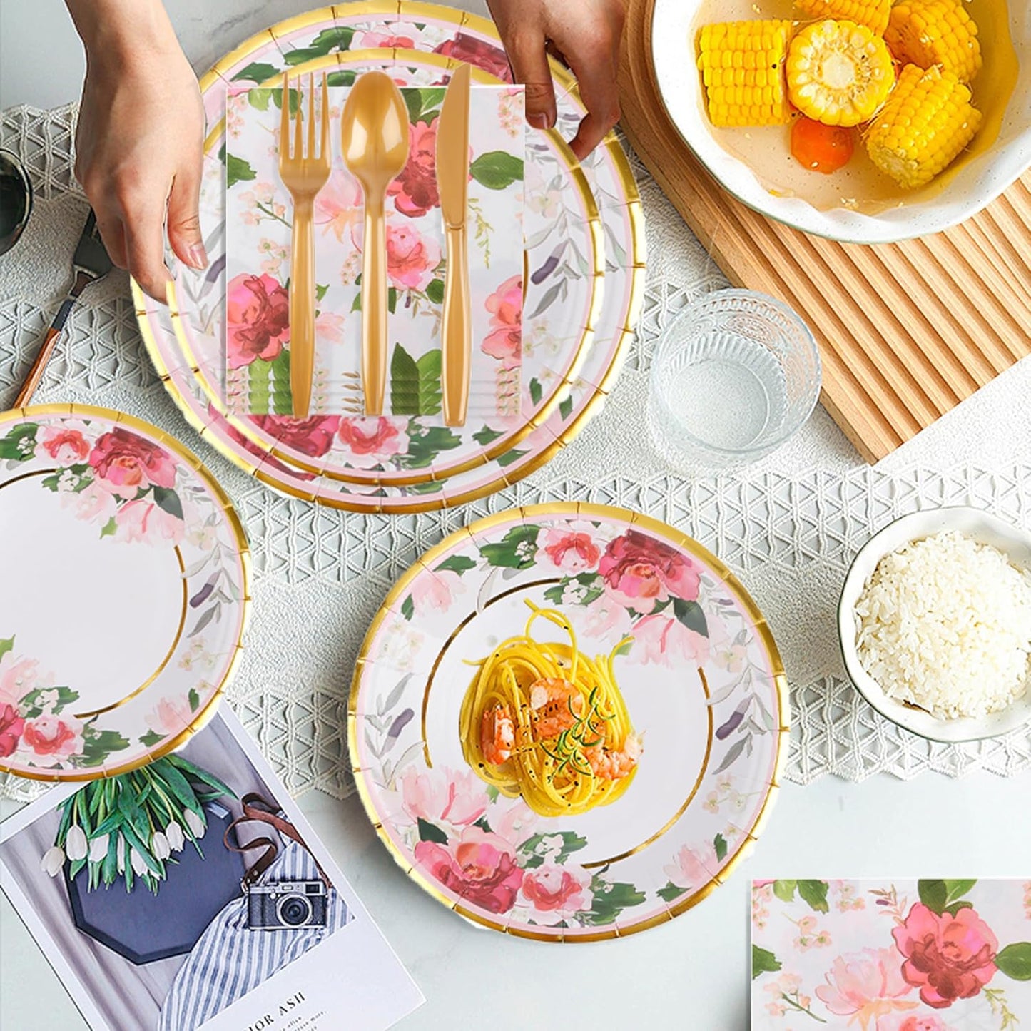 280 Pcs Thanksgiving Floral Paper Plates And Napkins Party Supplies - Bridal Shower Floral Plates,Flower Cups, Forks, Knives And Spoons, Napkins, Straws For Birthdays, Parties And Tea Parties