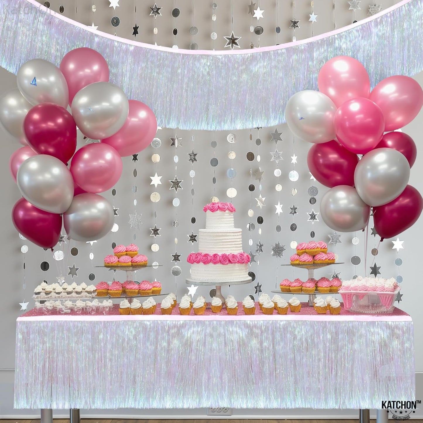 KatchOn, White Iridescent Fringe Banner - 6.5 Feet, Pack of 2 | Iridescent Fringe Garland for Bachelorette Party Decorations | Iridescent Tinsel Garland for Halloween Decor, Christmas Decorations