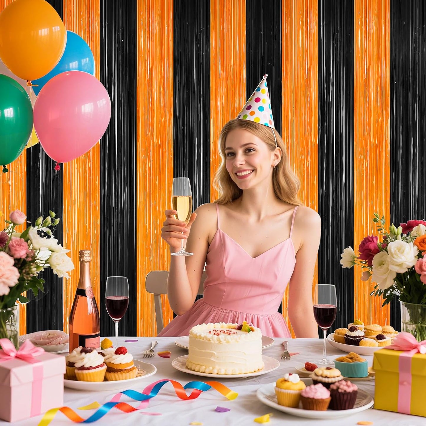 Halloween Photo Backdrop, 2 Pack Orange and Black Party Streamer, Metallic Foil Fringe Curtains Tinsel Backdrop, Halloween Birthday Party Decorations Hanging Decor Indoor, Photo Booth Props Streamers