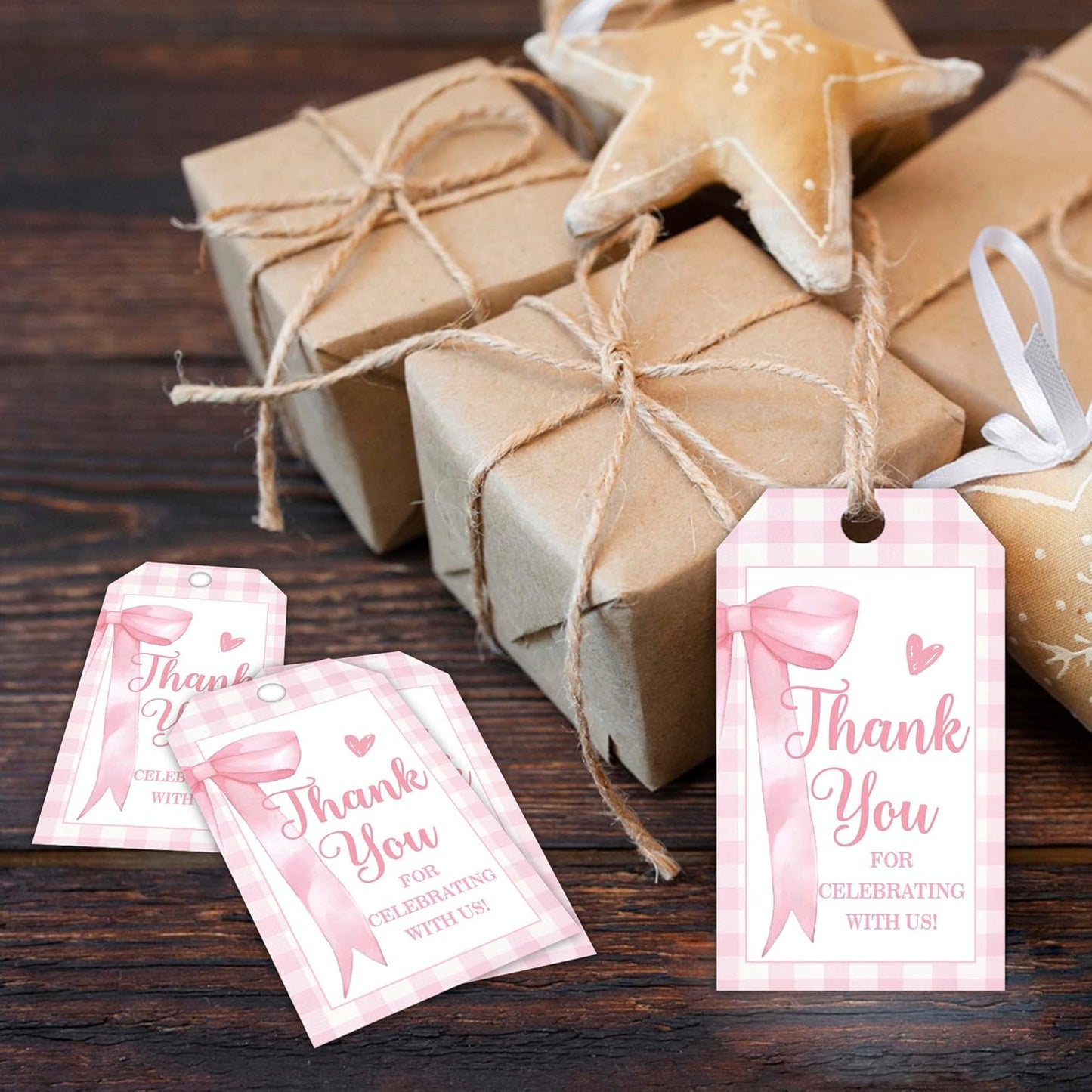 Pink Bow Gift Tags, 50Pcs Thank You Label with String, Thank You for Celebrating with Us Tag, Paper Personalized Design Gift Labels for Wrapping Party Favor-A13