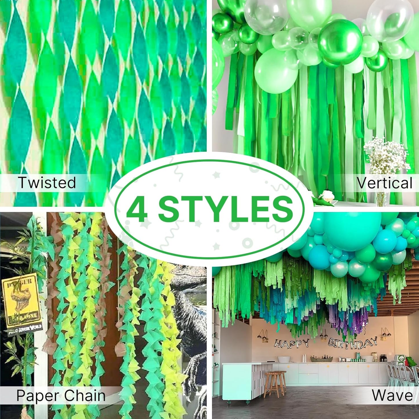 PartyWoo Crepe Paper Streamers 4 Rolls 328ft, Pack of Crepe Paper Light Green and Grass Green Streamers Party Decorations, Crepe Paper for Birthday Decorations, Party Decorations (1.8 In x 82 Ft/Roll)