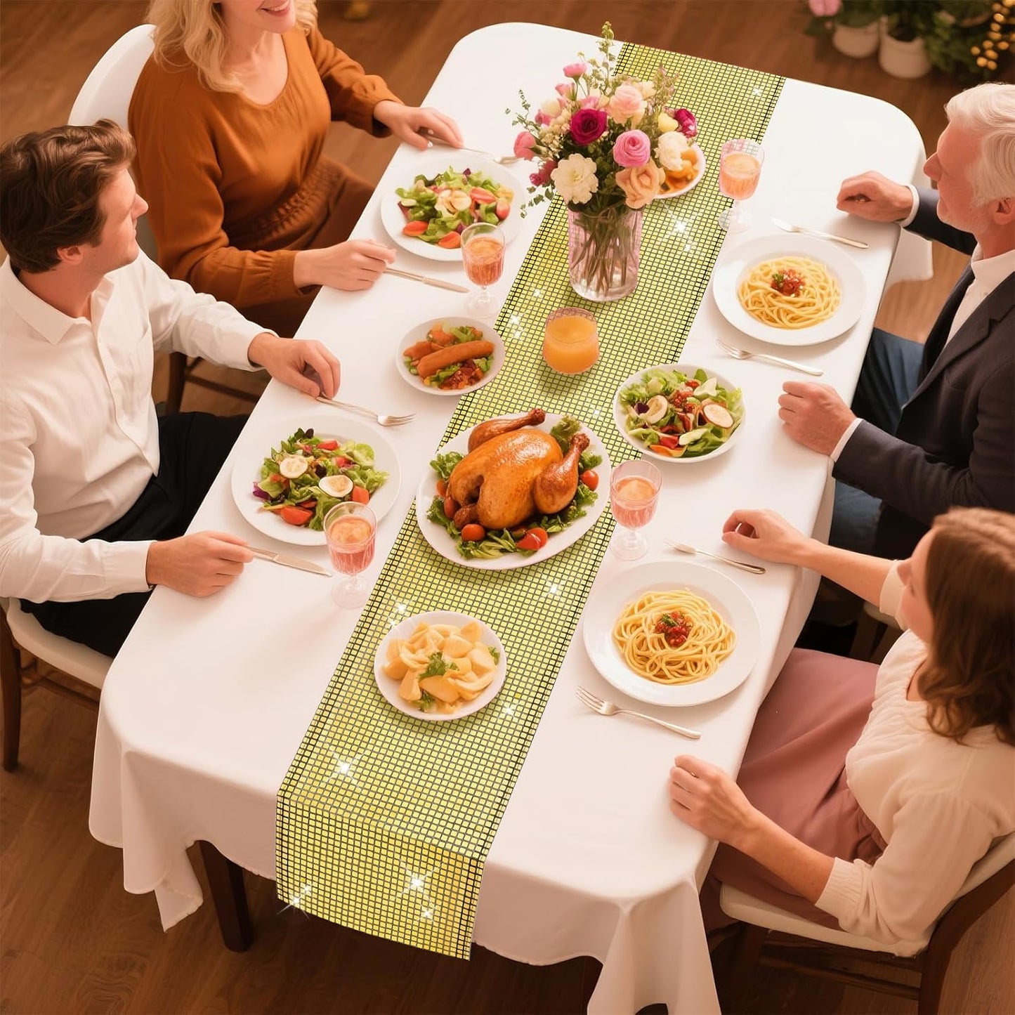 SquarePie Disco Table Runner Mirror Glitter Black and Gold Sequin Runner for 70s 80s Disco Dance Bachelorette Party Supplies Table Decorations (12x108 Inches ,2 Pack)