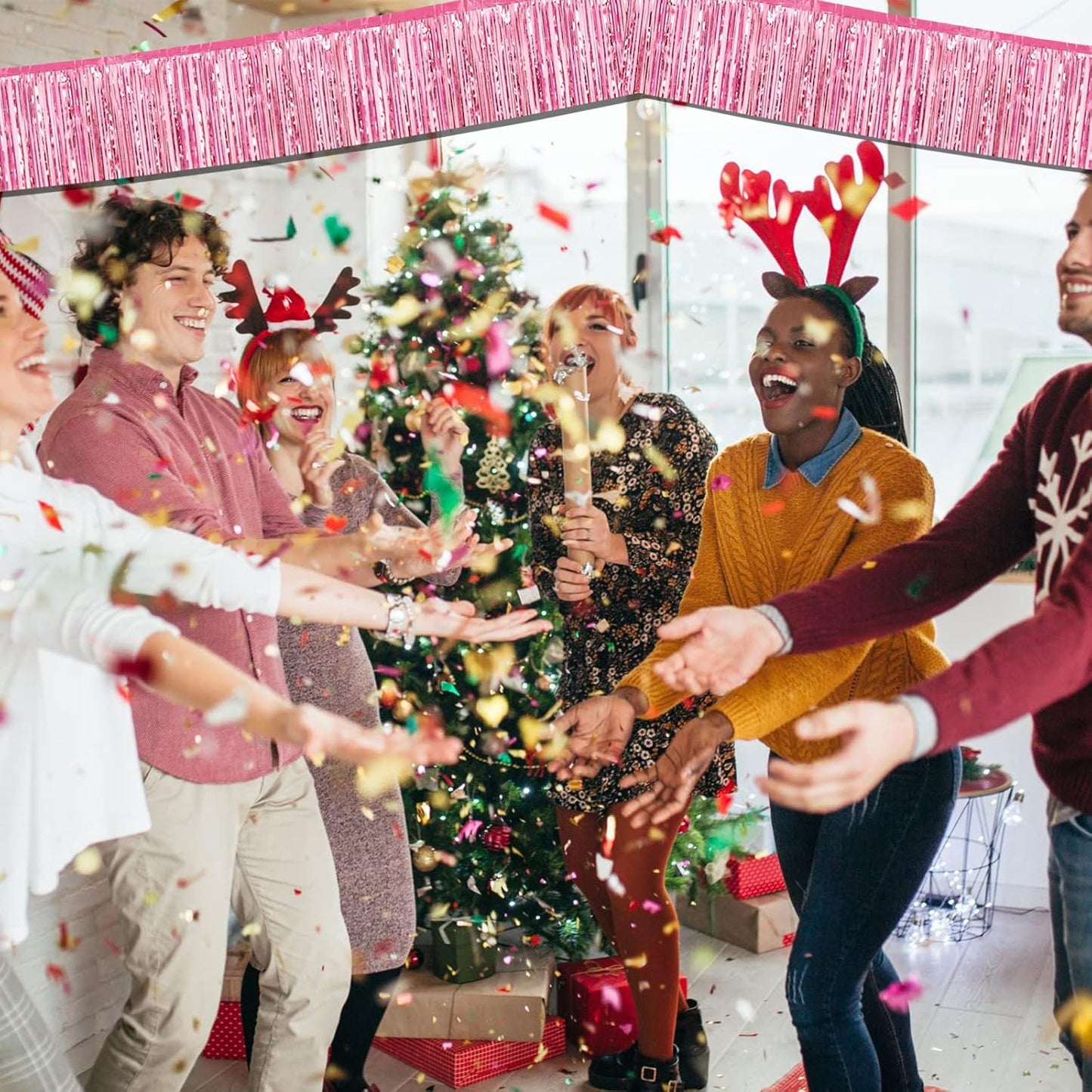 6 Pack 10 Feet Foil Fringe Garland Metallic Tinsel Streamers Banner Wall Hanging Curtain Backdrop Banner for Parade Floats, Thanksgiving, Christmas, Birthday, Halloween Party Decorations(Pink)