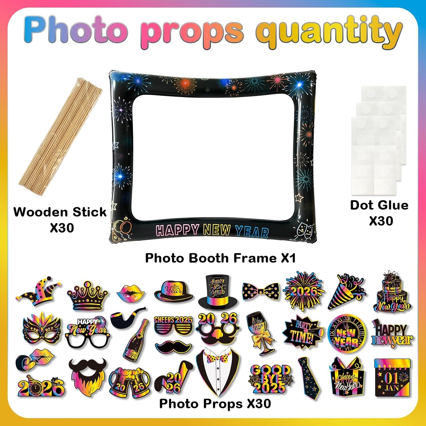 2026 New Year Photo Booth Inflatable Frame Kit, 30Pcs Colorful Neon New Years Photo Booth Props with Inflatable Picture Frame for New Year Eve Party Selfie Props Supplies