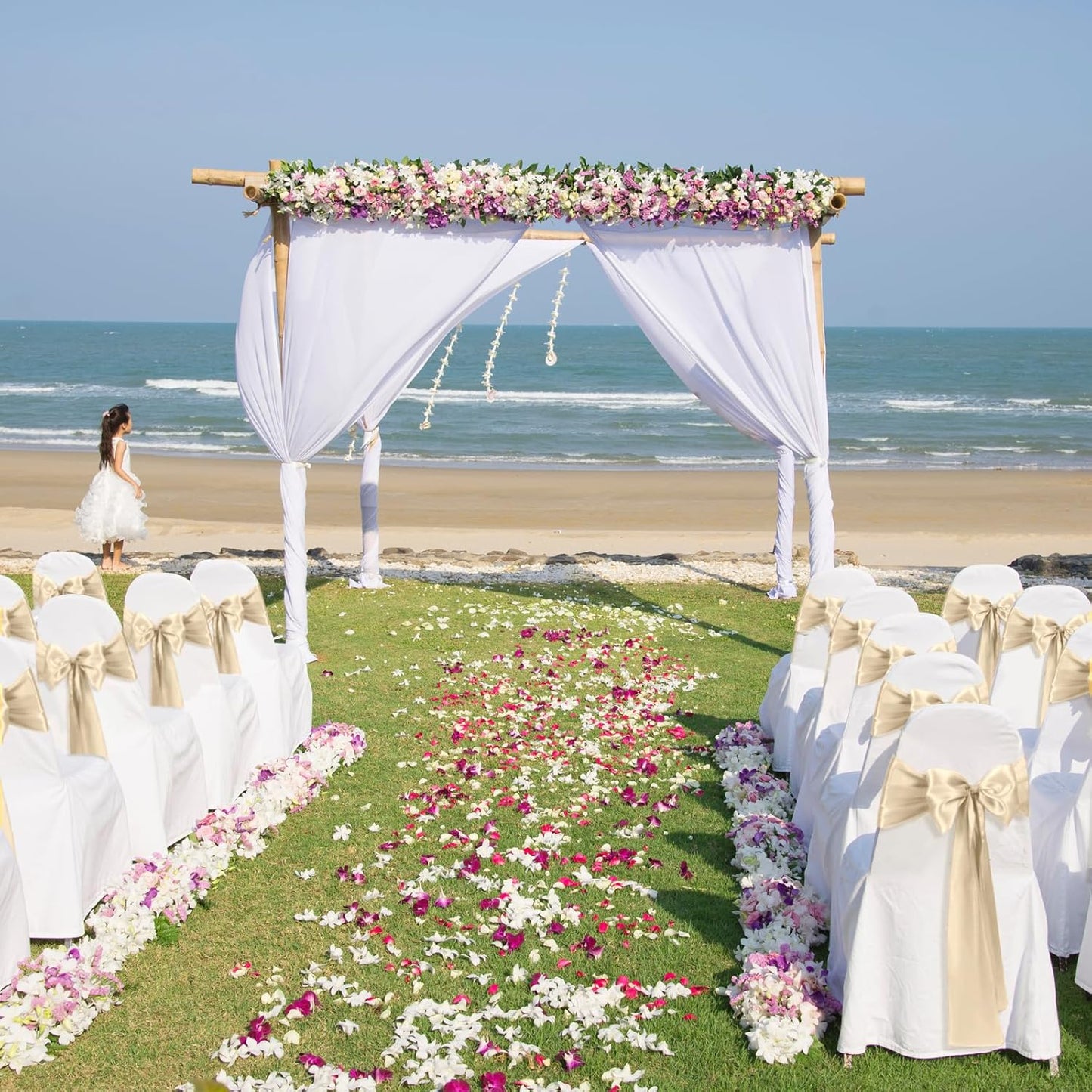 50 PCS Satin Chair Sashes Bows Universal Chair Ribbon Ties Back Sash for Wedding Party Reception Events Banquets Hotel Event Chair Cover Decoration (Champagne 7x108 inch)