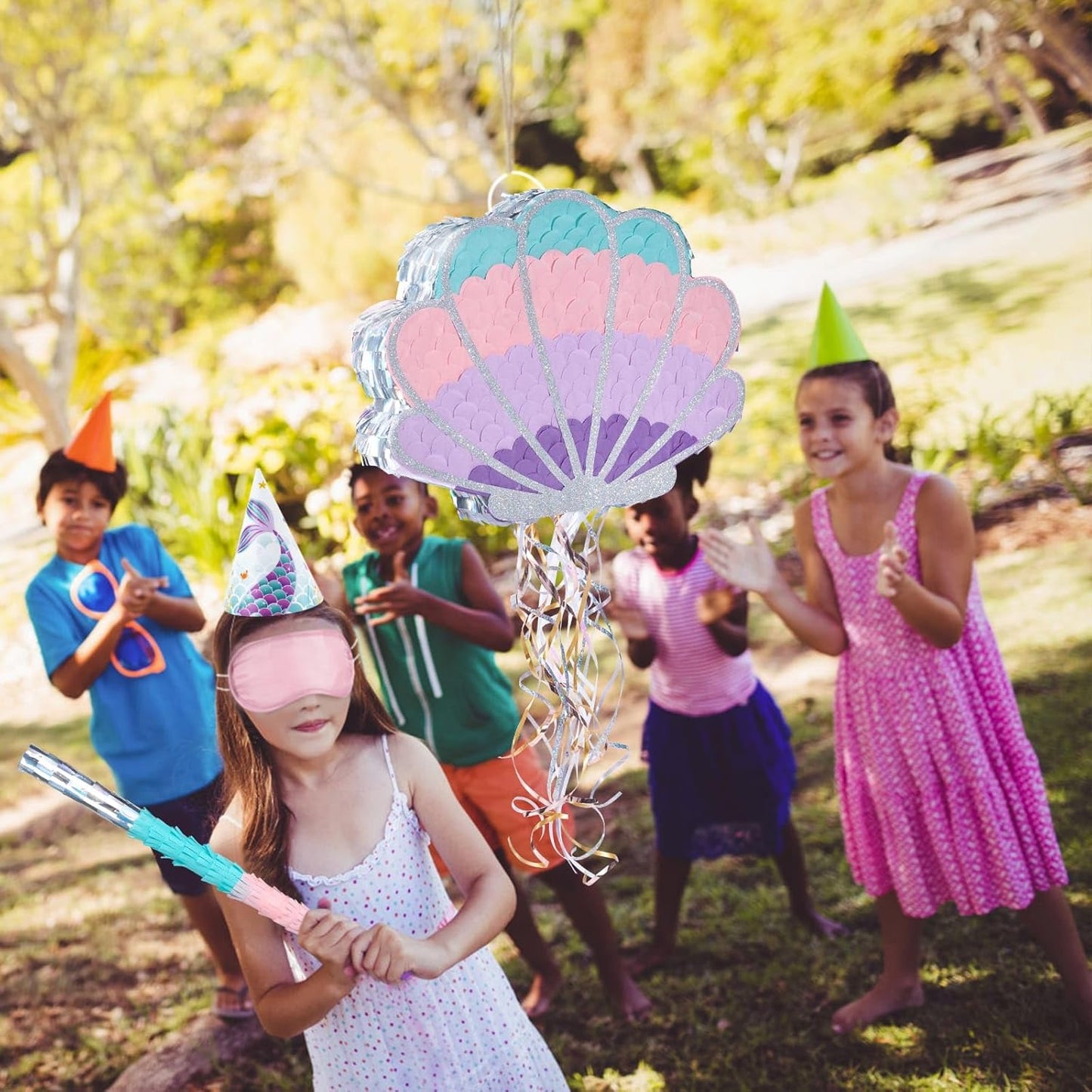 Wernnsai Mermaid Seashell Piñata - Pink Shellfish Pinatas for Kids Girls Birthday Mermaid Princess Party Decorations Under The Sea Ocean Theme Party Games With Bat Blindfold 16“ x 12.5" x 3"