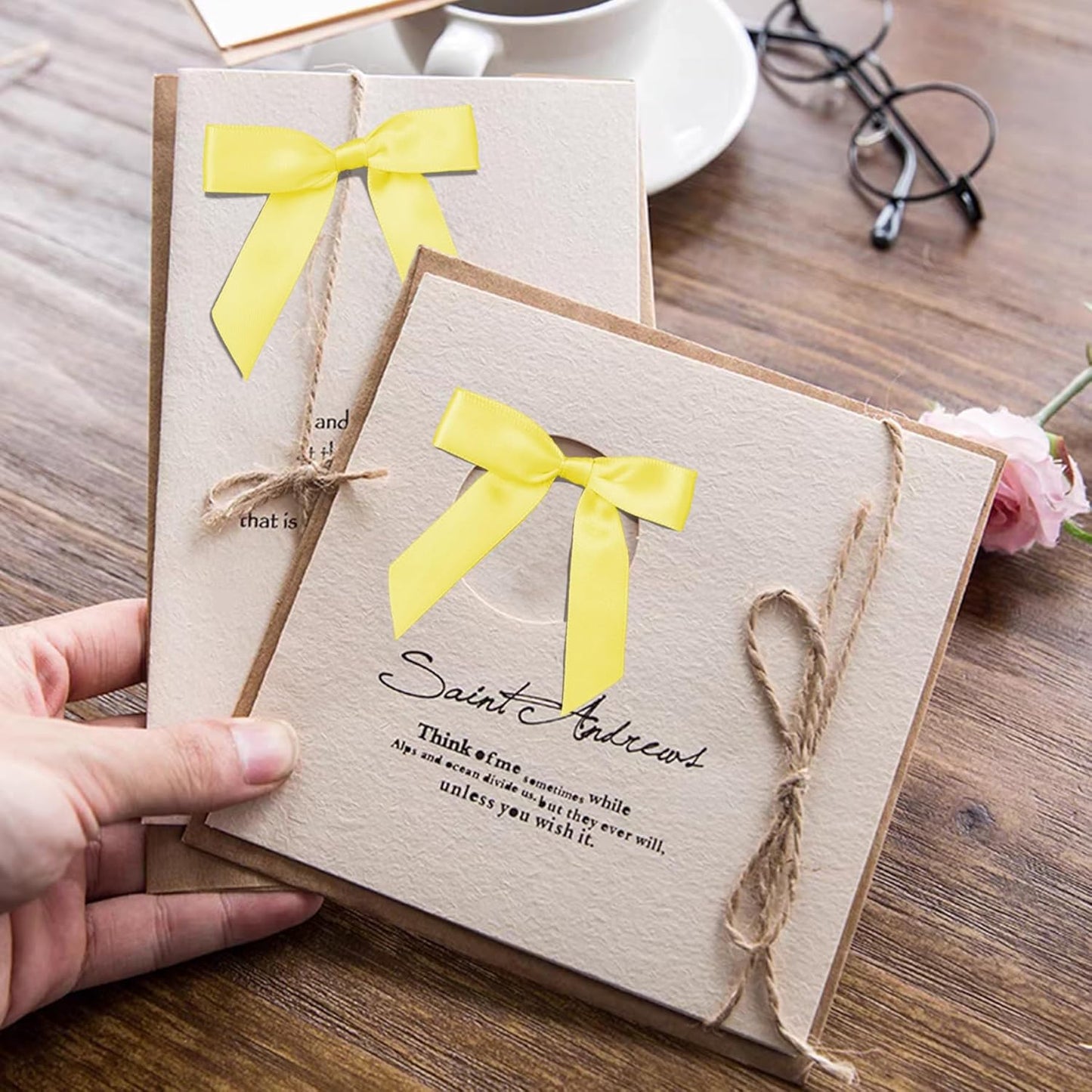 50Pcs Yellow Twist Tie Bows for Gift Wrapping 2.5" Satin Ribbon Bow for Treat Bags Cake Balloons Birthday Party Favors Wedding Decorations