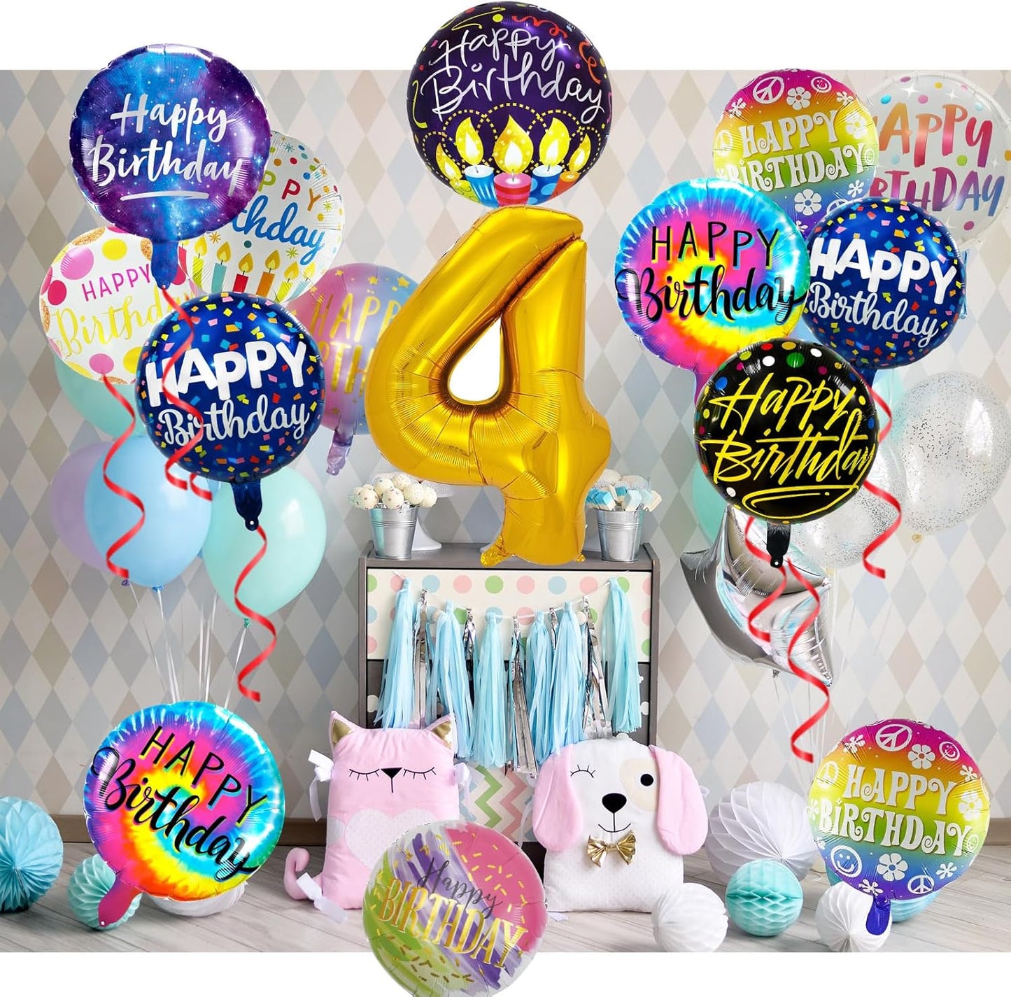 50 Pcs Happy Birthday Party Aluminum Foil Balloons and 4th Birthday Balloons, 18 Inch Round Aluminum Foil Balloon with" Happy Birthday" Sign, Birthday Party Decorations for Boys/Girls (4)