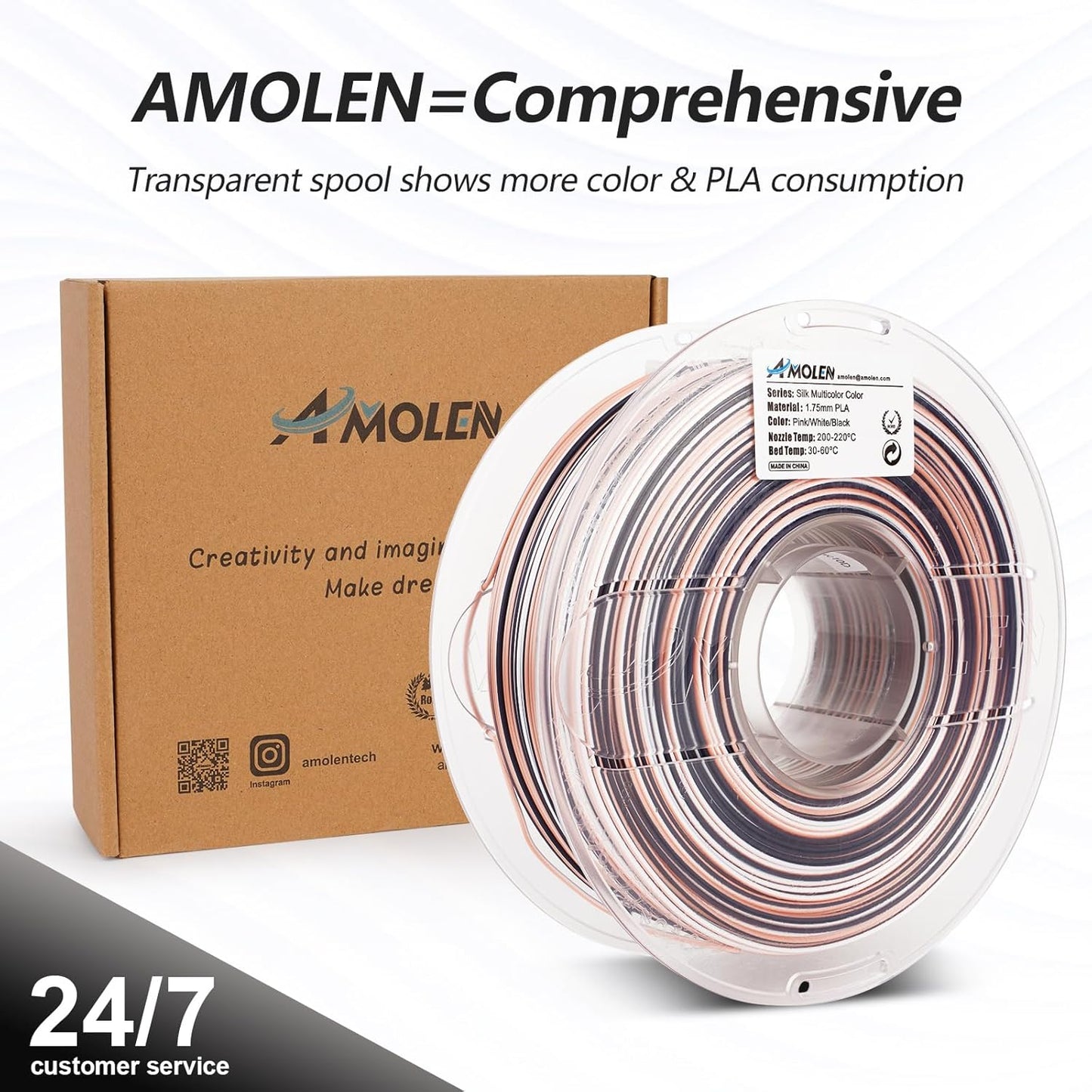 AMOLEN Silk PLA 3D Printer Filament, Shiny Multicolor Rainbow PLA Filament 1.75mm, Fast Color Change PLA 3D Printing Filament for Most FDM 3D Printer, Black Pink White, 1kg (2.2lbs)
