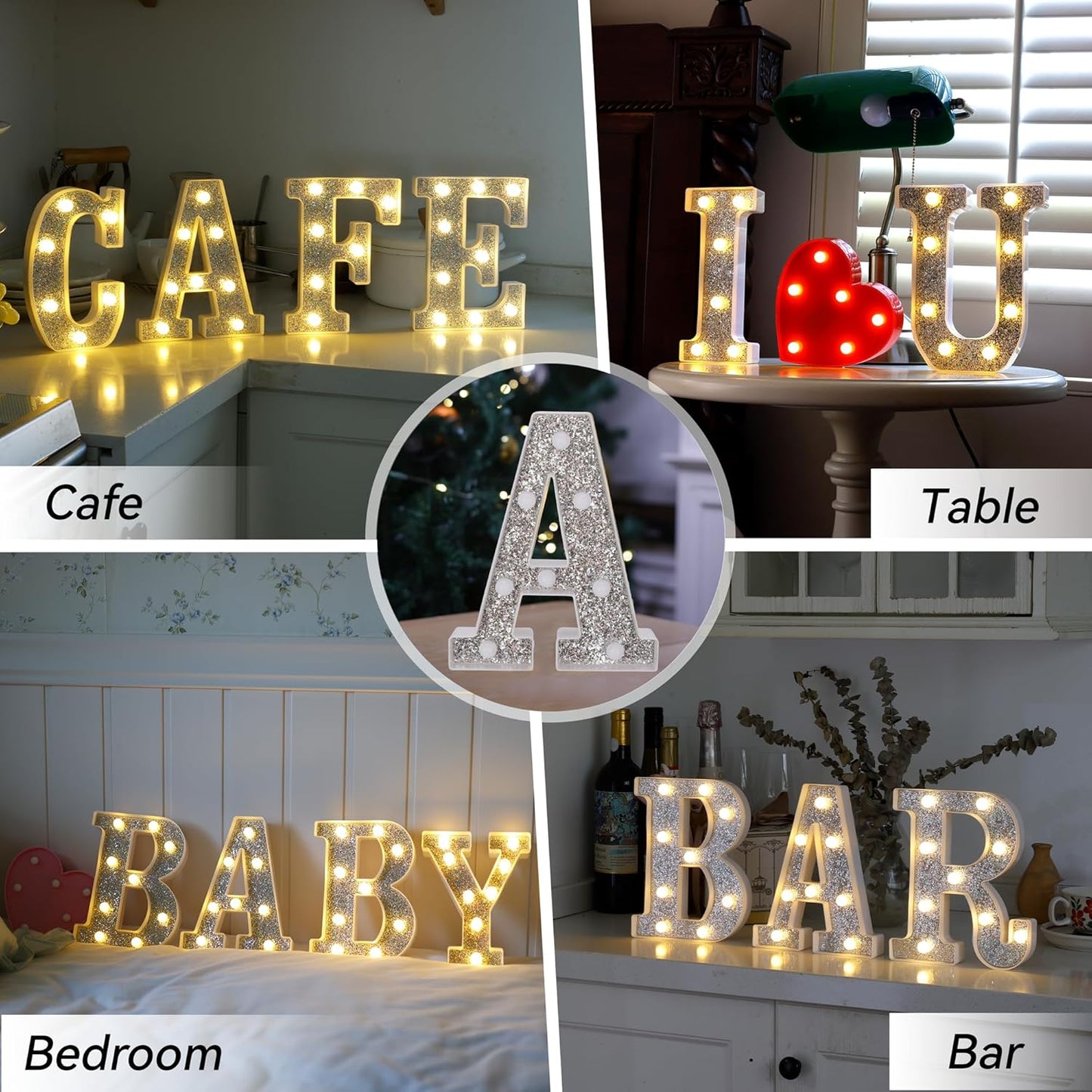 Marquee Light Up Letters, Glitter Silver LED Letter Lights Battery Powered Alphabet Letter Sign for Night Light Wedding Birthday Party Cafe Bar Decoration Girls Room Decor - Number 4