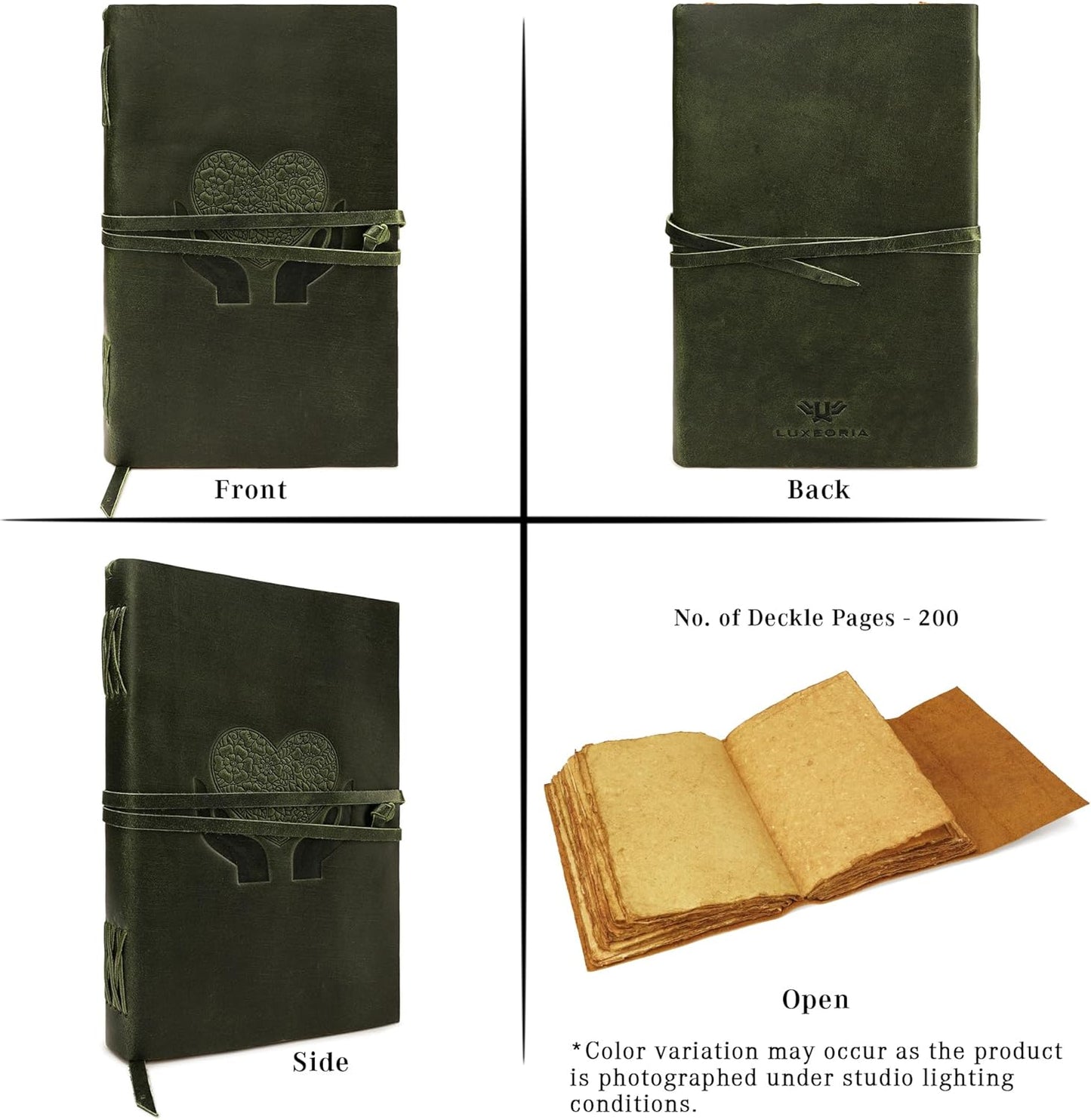 LUXEORIA Heart Journal for Women and Men, Handcrafted Leather Journal for Writing Womens, Sketchbook, Travel Diary with Unlined Deckle Paper, Dark Green 8x13