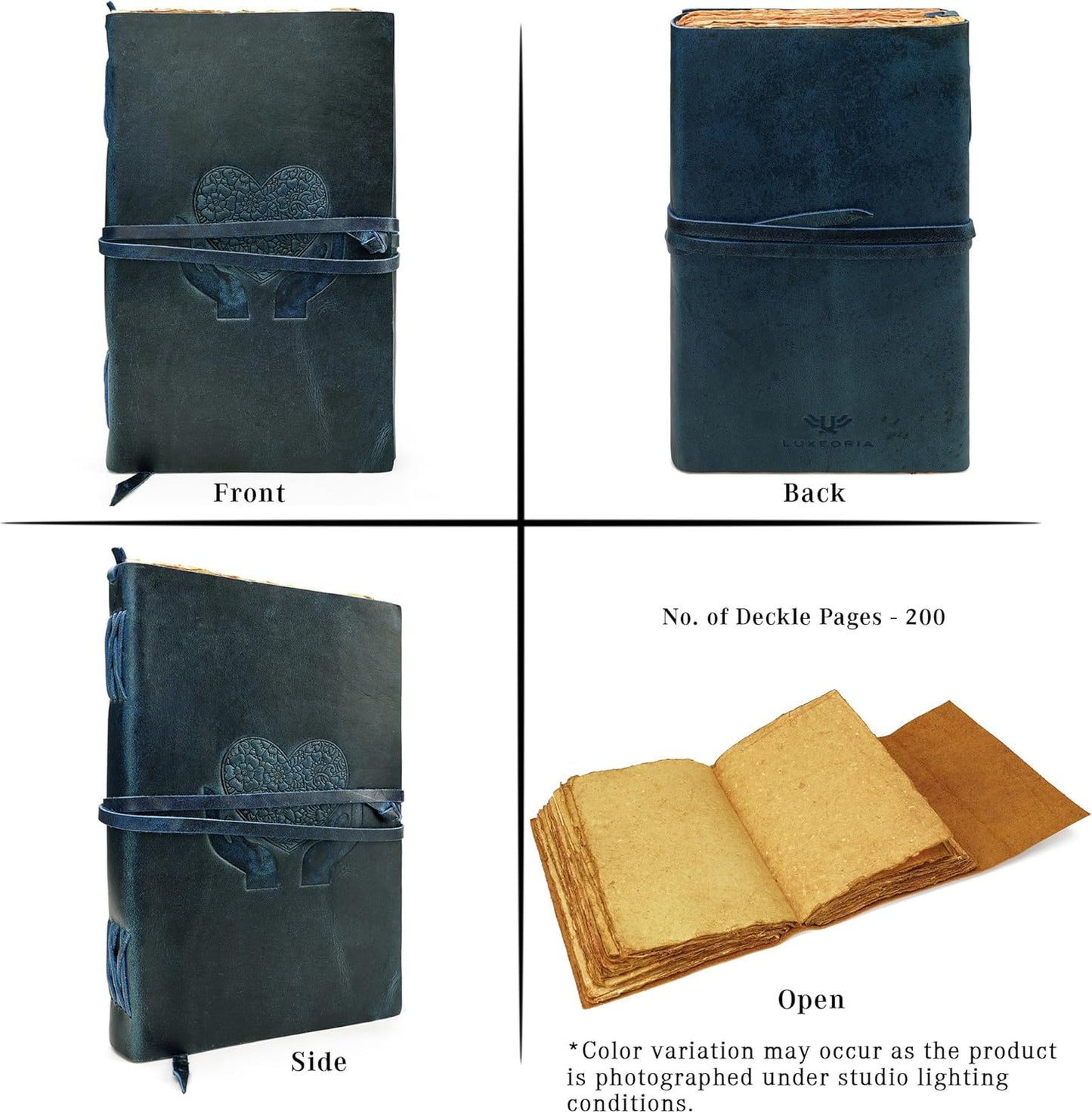 LUXEORIA Heart Journal for Women and Men, Handcrafted Leather Journal for Writing Womens, Sketchbook, Travel Diary with Unlined Deckle Paper, Dark Blue 8x13