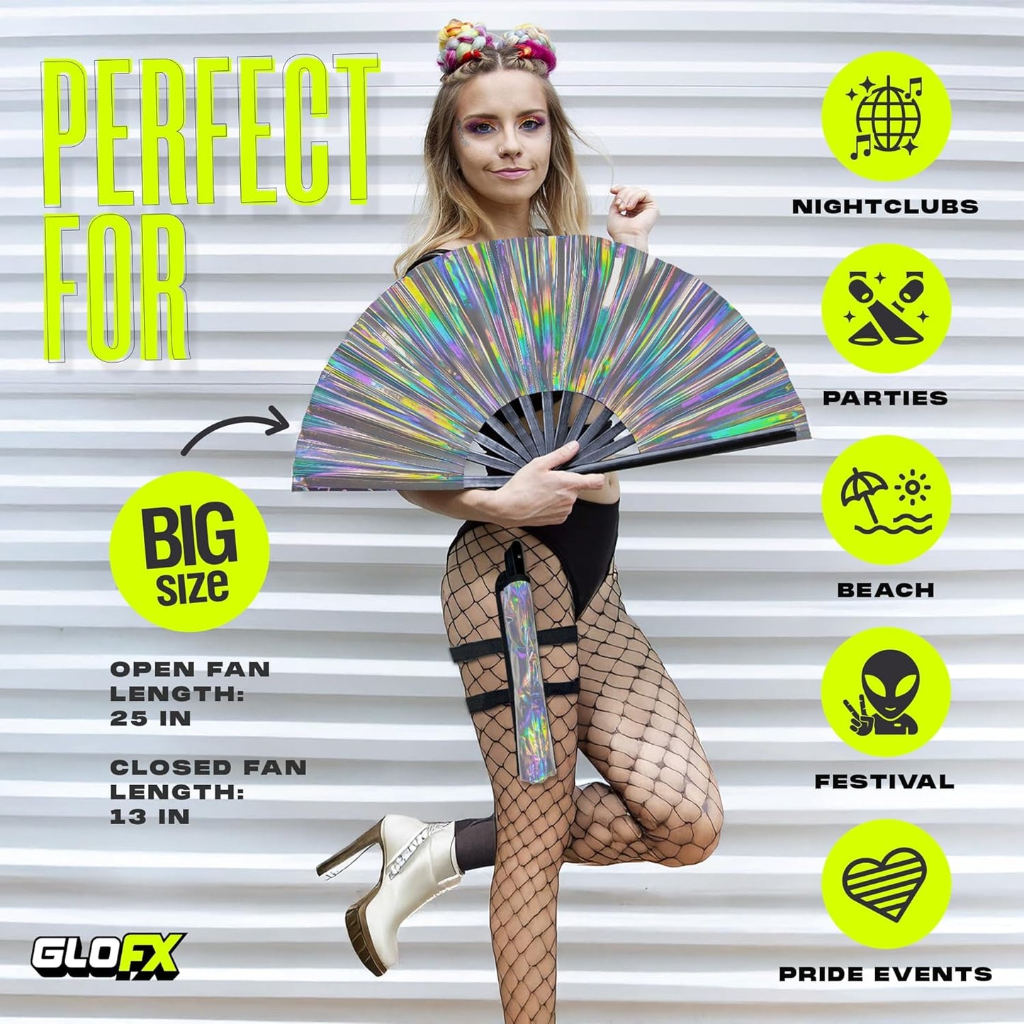 Holographic Folding Fan with Holster – Large Handheld Fan for Line Dancing, Festivals, Pride, and Costumes – Loud Bamboo Fan with Matching Belt Holster