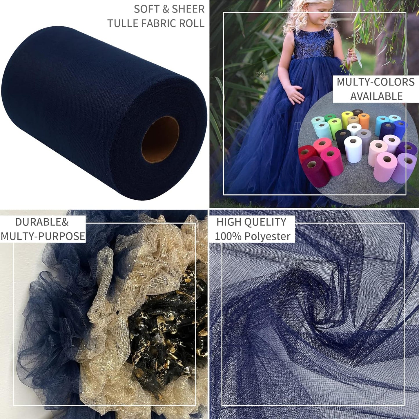 Navy Blue Tulle Fabric Rolls 6 Inch by 200 Yards (600 feet) Fabric Spool Tulle Ribbon for DIY Navy Blue Tutu Bow Baby Shower Birthday Party Wedding Decorations Craft Supplies