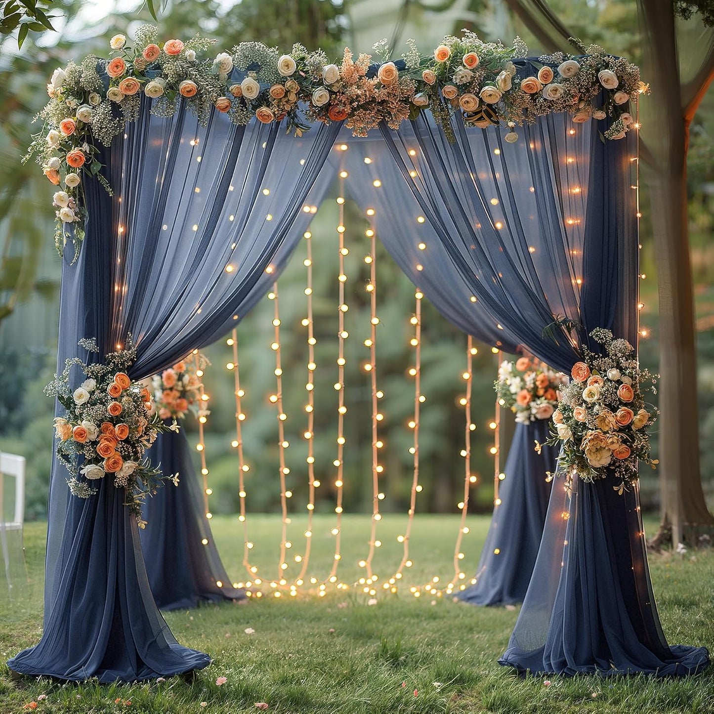20×10ft Navy Blue Tulle Backdrop Curtain with Lights String for Parties, Sheer Photo Backdrop Curtains for Wedding Party Photography Background