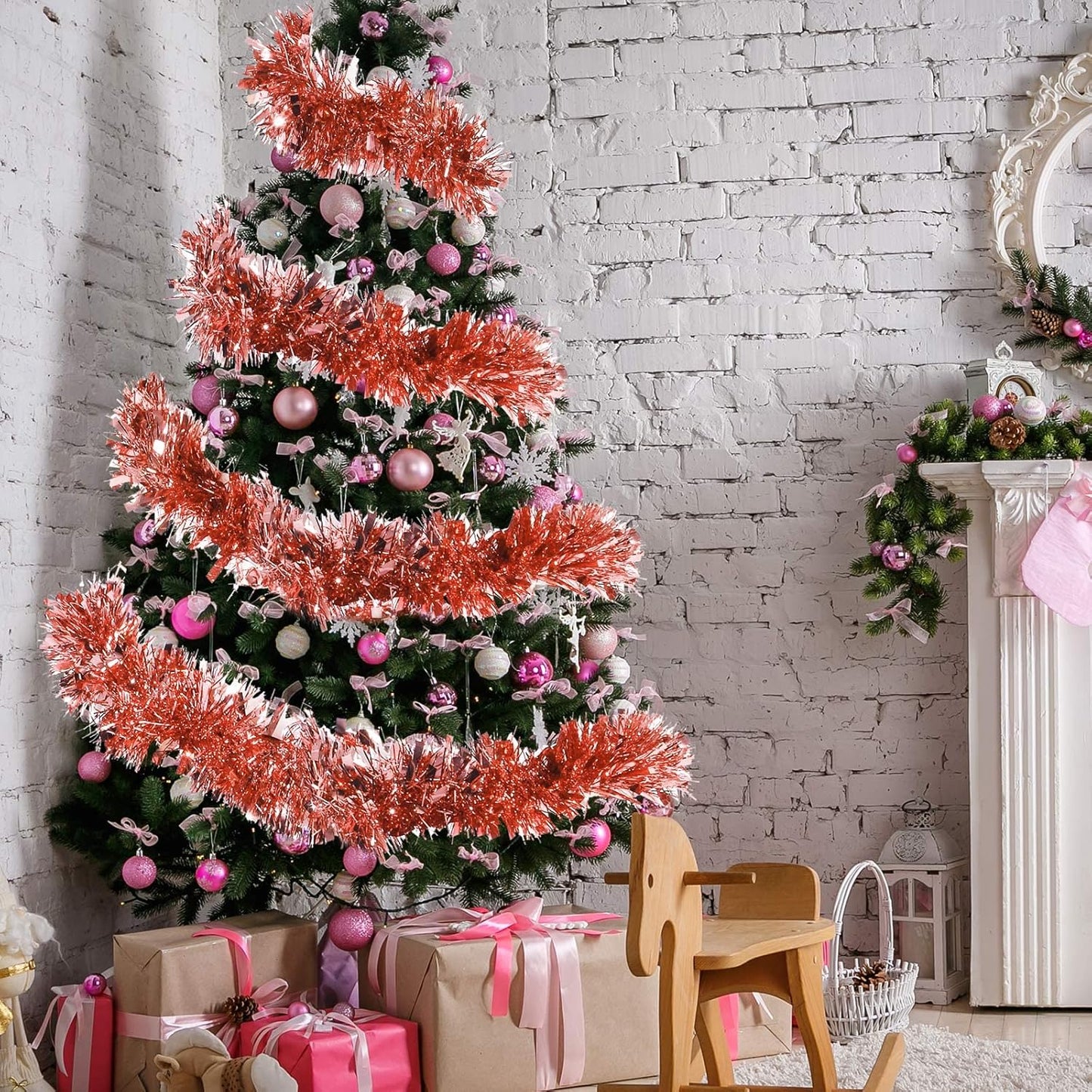 72 Feet Christmas Tinsel Garland Shiny Metallic Tinsel Twist Garland Streamers Ornaments Long Glitter Christmas Tree Hanging Decorations for Party Holiday Wedding Birthday Tree Wall Rail (Rose Gold)