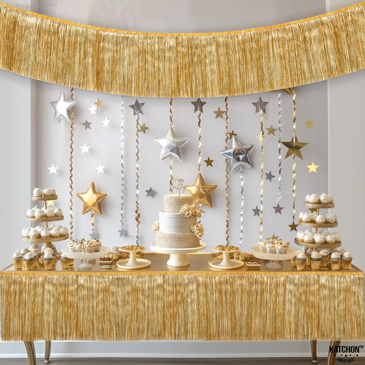 KatchOn, Large Champagne Gold Fringe Garland - 6.5 Feet, Pack of 2 | Foil Fringe Banner for 50th Birthday Decorations | Gold Streamers for Casino, Bachelorette, Retirement, Anniversary Decorations