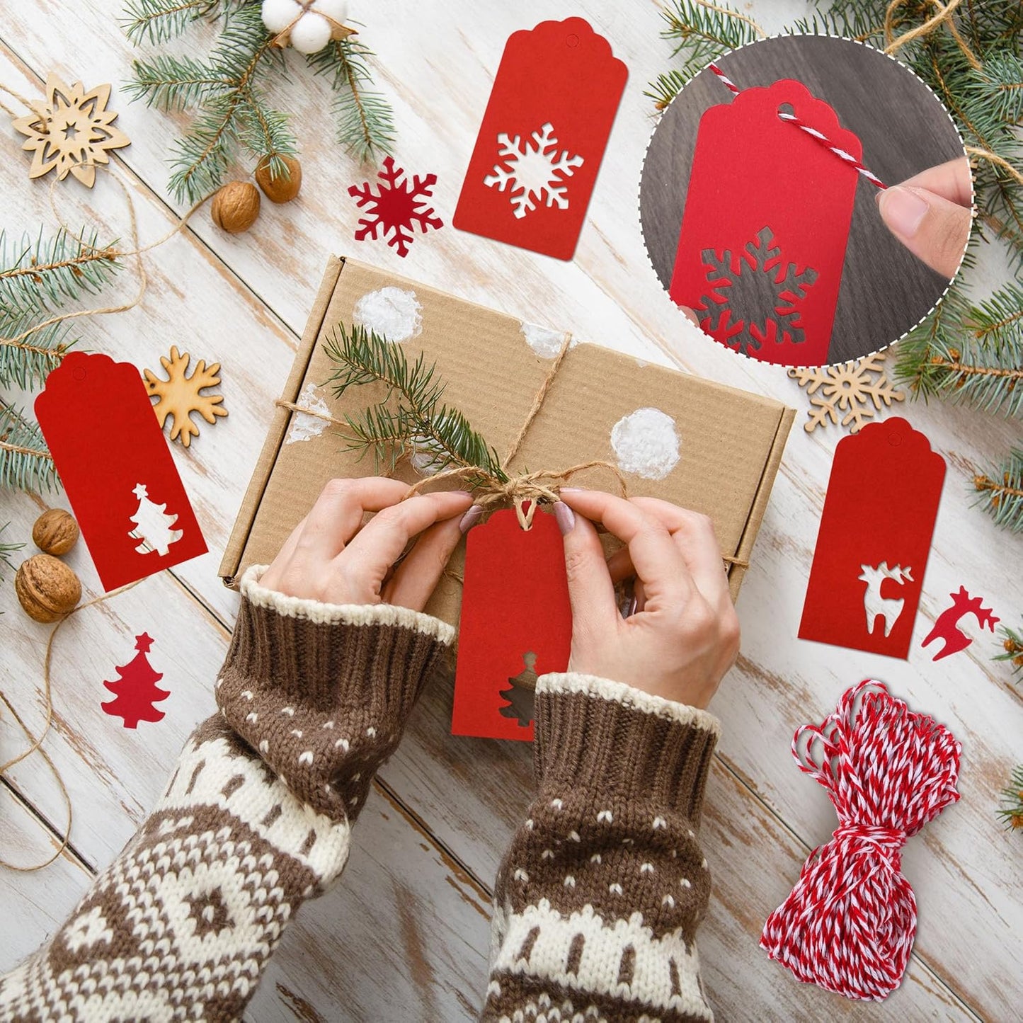 Aneco 150 Pieces Christmas Paper Gift Tags Red Kraft Tags Hang Labels Christmas Tree Snowflake Reindeer Design with 30 Meters Twine for Christmas DIY Wrapping Favor Holiday Present