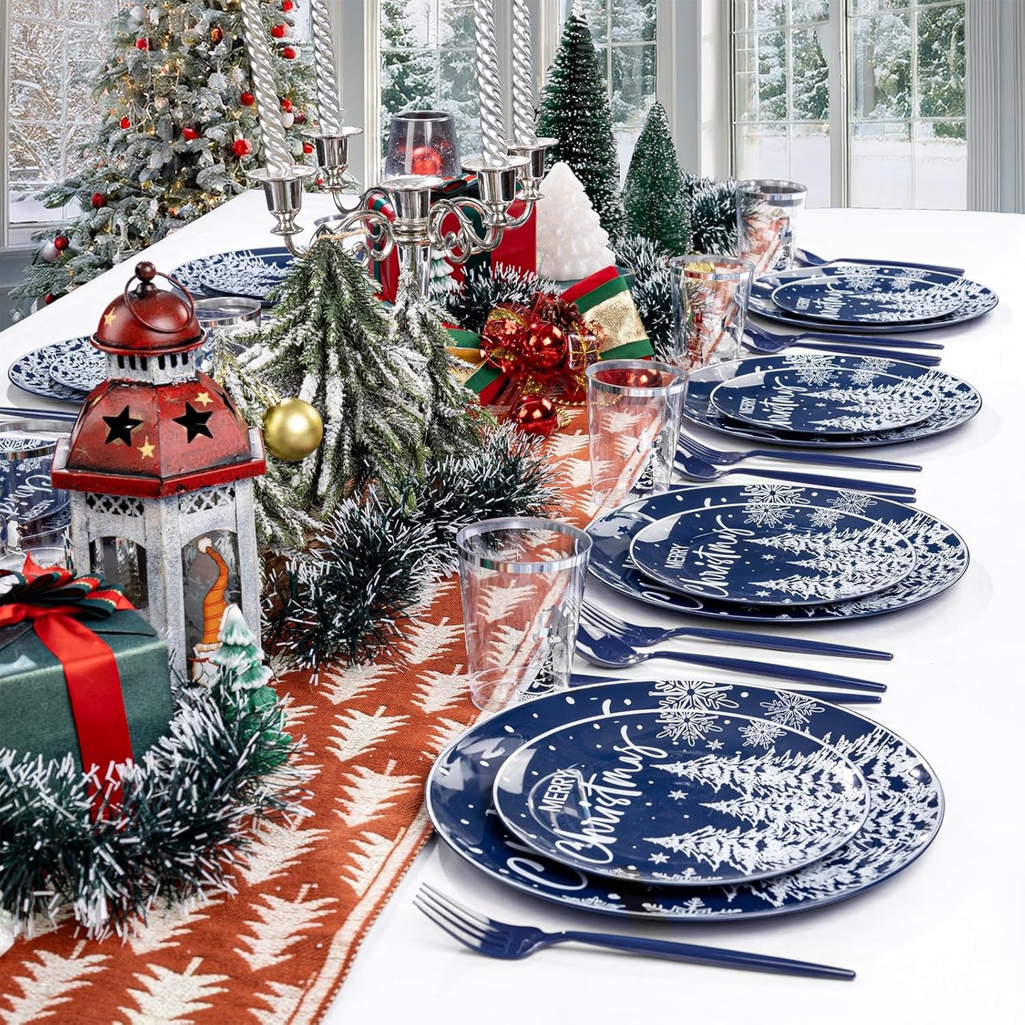 Supernal 150pcs Christmas Dinnerware Set - Blue and White Plates With Trees Design, Blue Silverware, Santa and Moose Silver Cups for New Year