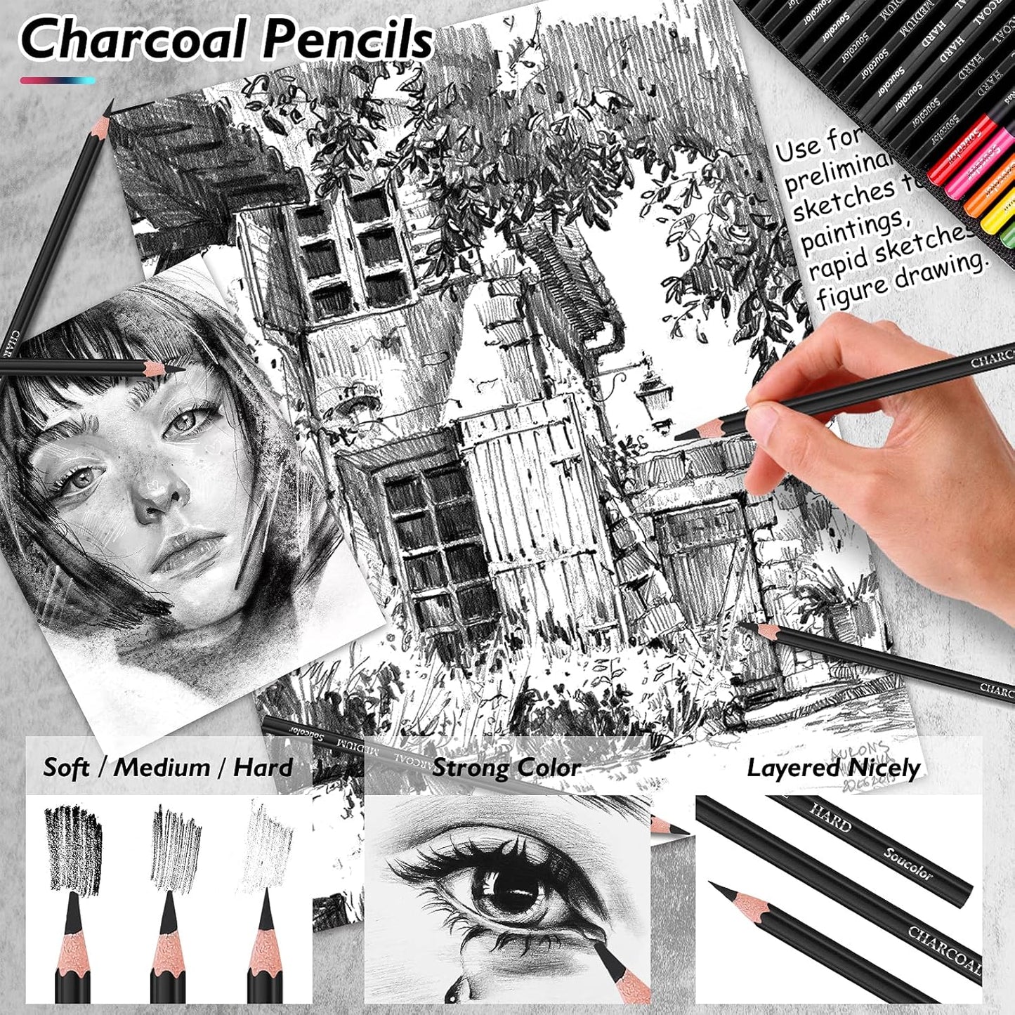 Soucolor 73 Pack Art Supplies Sketching Kit for Adults Kids Teen Gifts, Christmas Gifts, Drawing Sketching Pencils with Sketchbook, Coloring Book, Colored Watercolor Metallic Graphite Charcoal Pencils