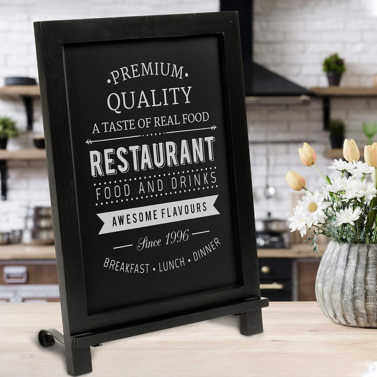 HBCY Creations Rustic Black Wooden Tabletop Chalkboard with Legs/Vintage Wedding Table Sign/Small Kitchen Countertop Memo Board/Antique Wooden Frame (12" x 17", 4- Black)