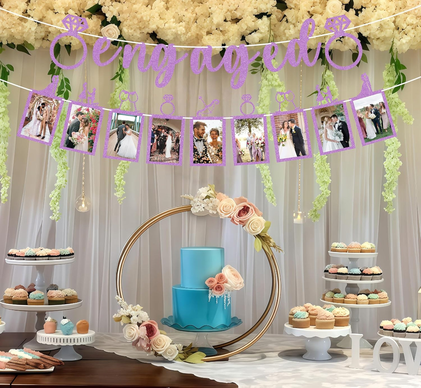 Pre-Strung Engaged Photo Banner - Purple Glitter Engagement Party Decoration Supplies with Romantic Memories Picture Card Frames for Bachelorette, Bridal Shower, Wedding Party Photo Booth Props